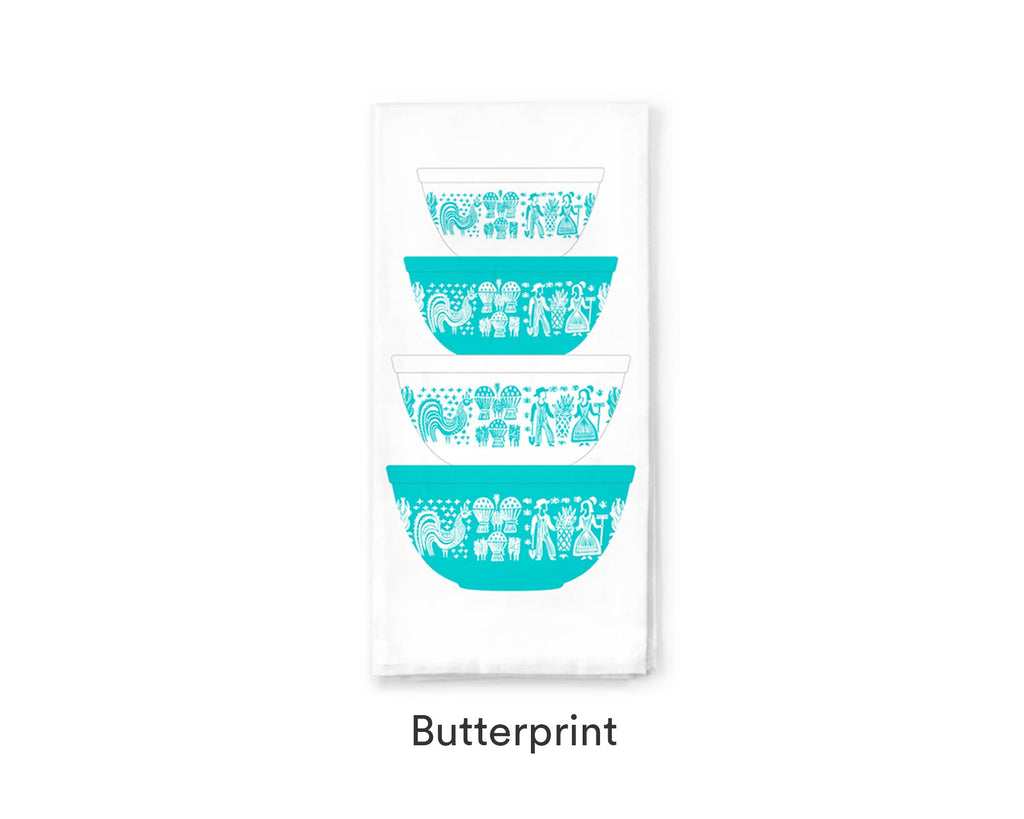 Vintage Pyrex style Bowl Stack Cotton Tea Towel, Butterprint