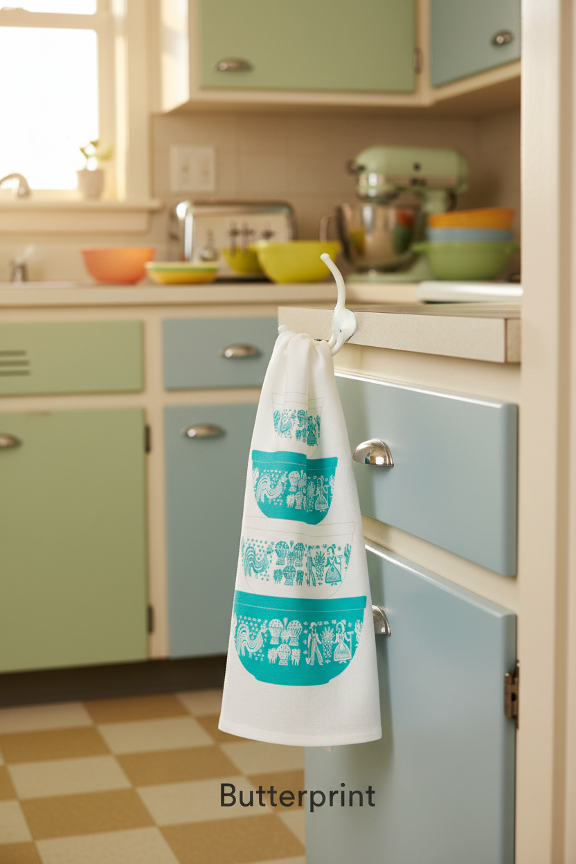Vintage Pyrex style Bowl Stack Cotton Tea Towel, Butterprint