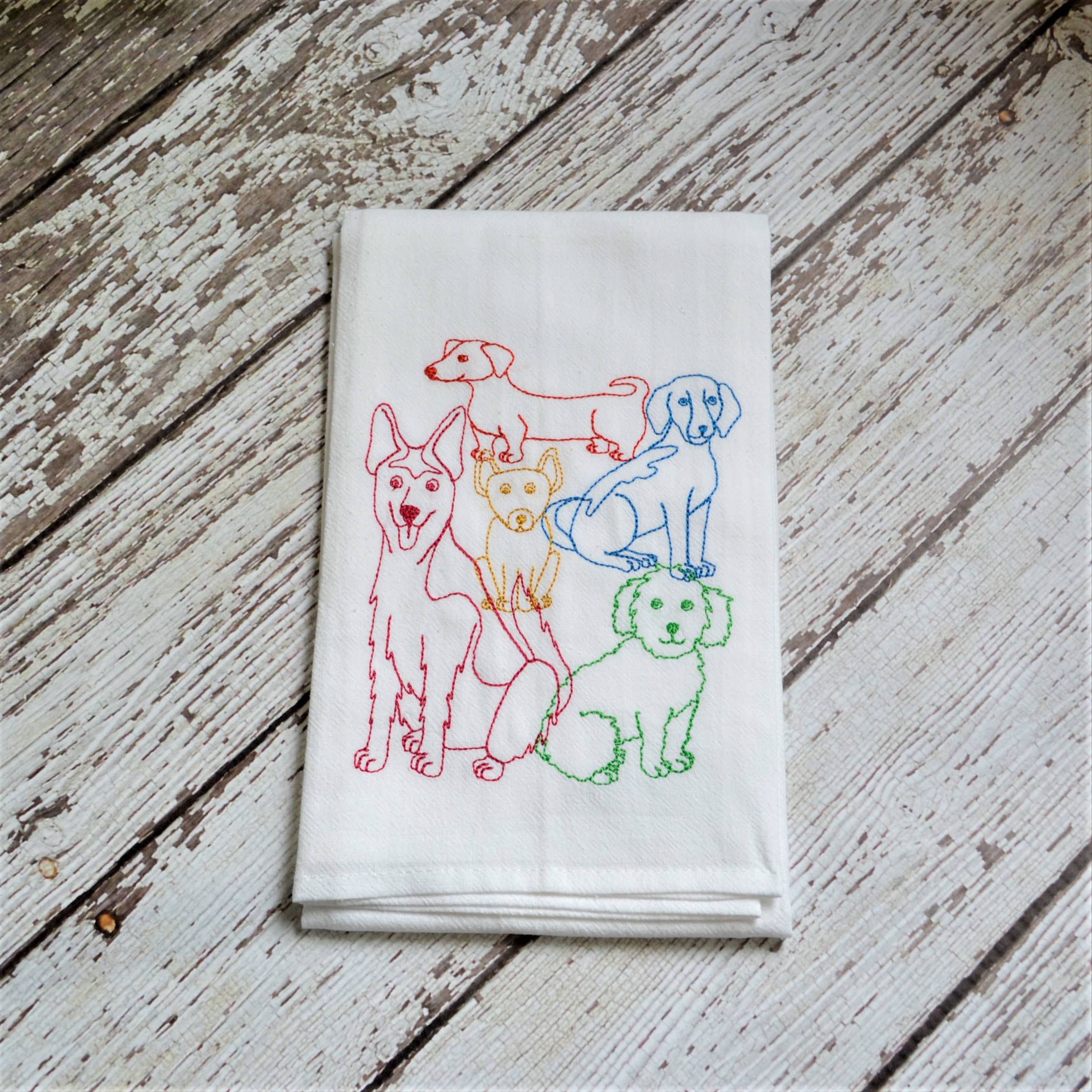 Embroidered Lots of Dogs Flour Sack Tea Towel | Multicolor | Dog Lover Kitchen Decor