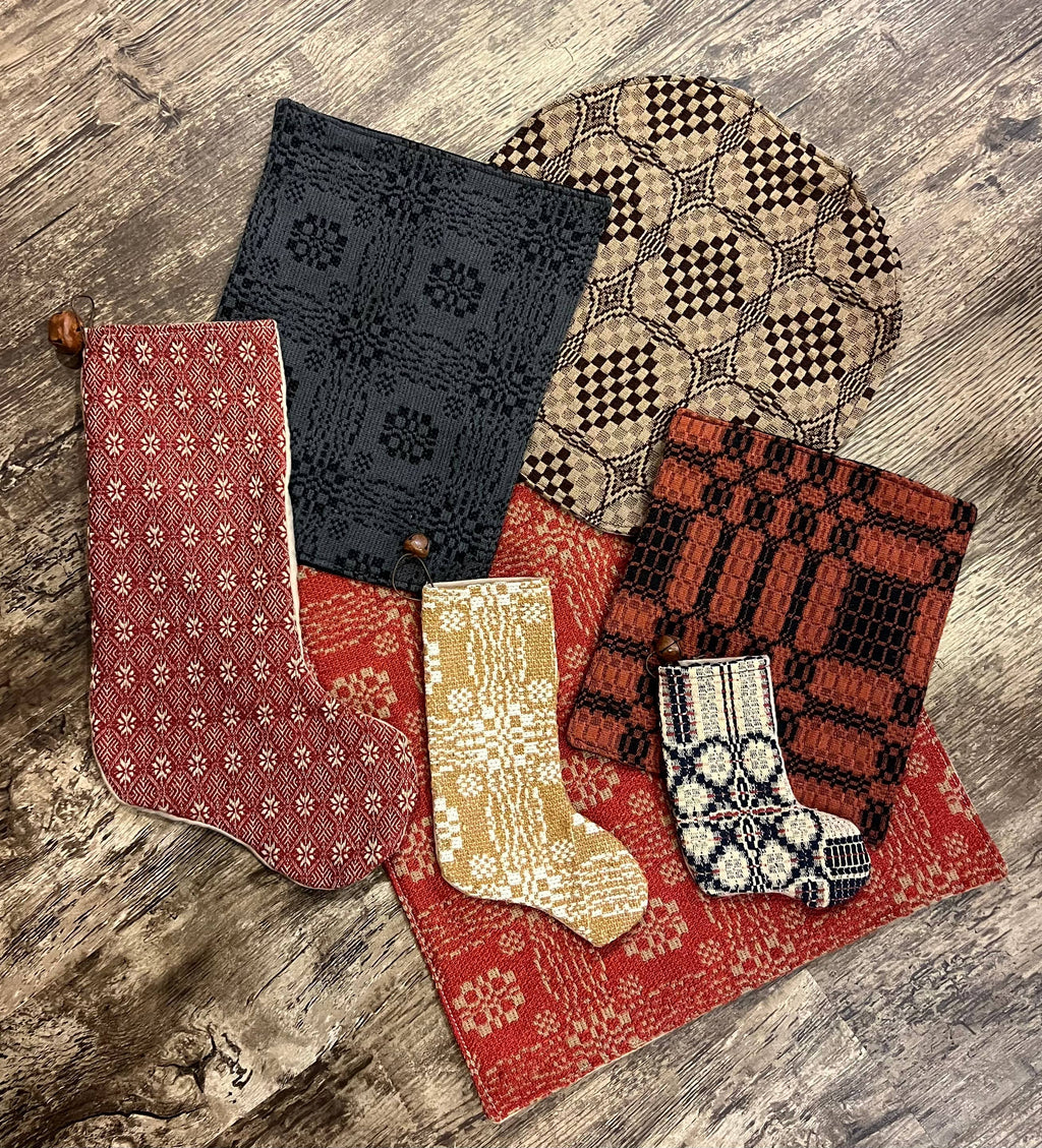 Handmade Coverlet Christmas Stocking — Medium 10" x 5" with Flannel Backing & Rusty Bell
