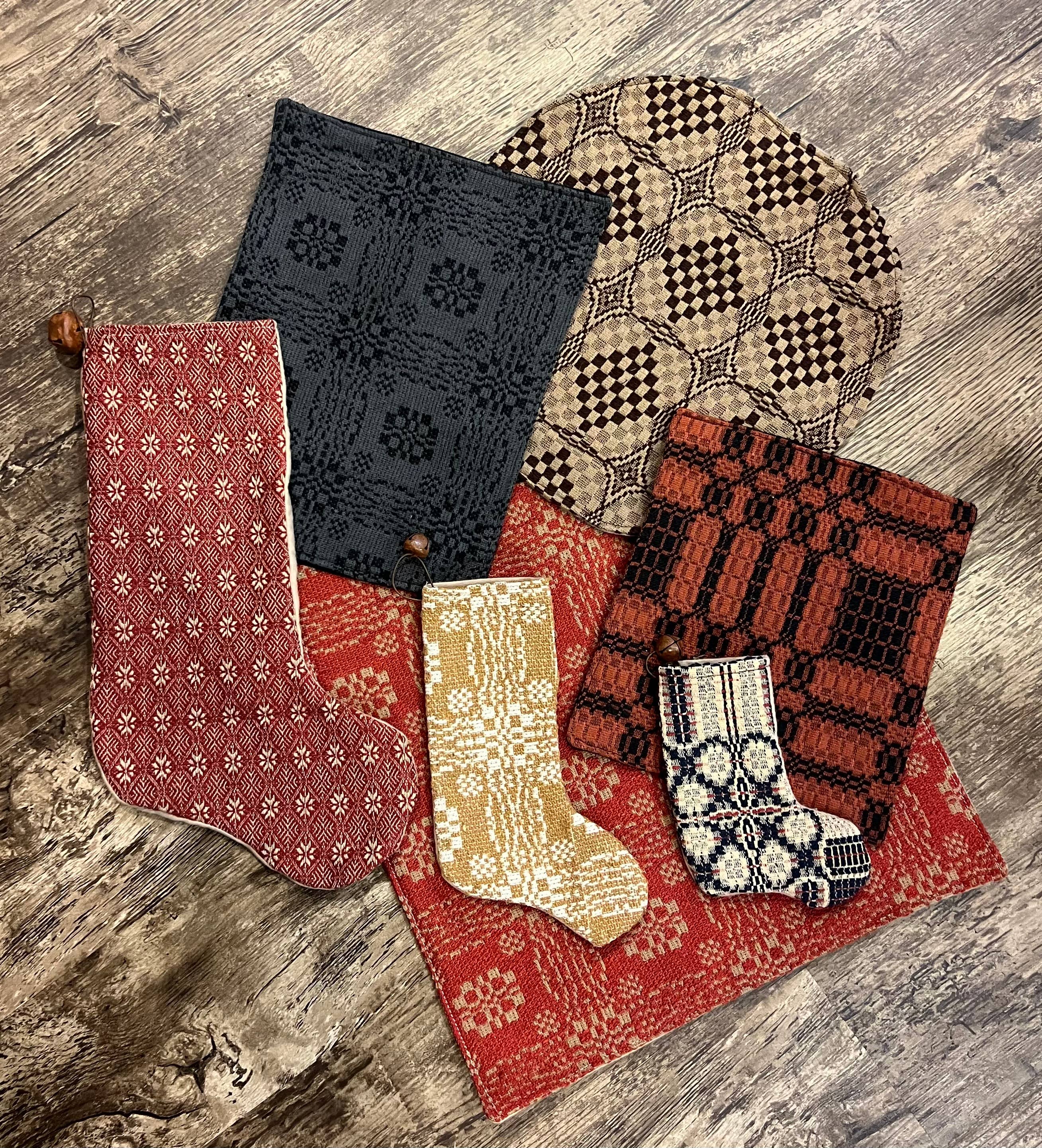 Handmade Coverlet Christmas Stocking — Medium 10" x 5" with Flannel Backing & Rusty Bell