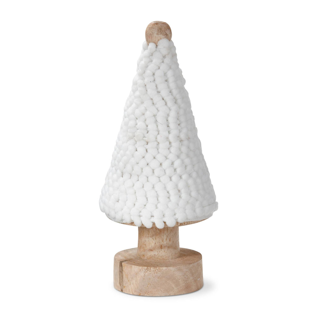 Holiday White Pom Pom Ribbon - 5 Yards on Rustic Wood Tree Spool