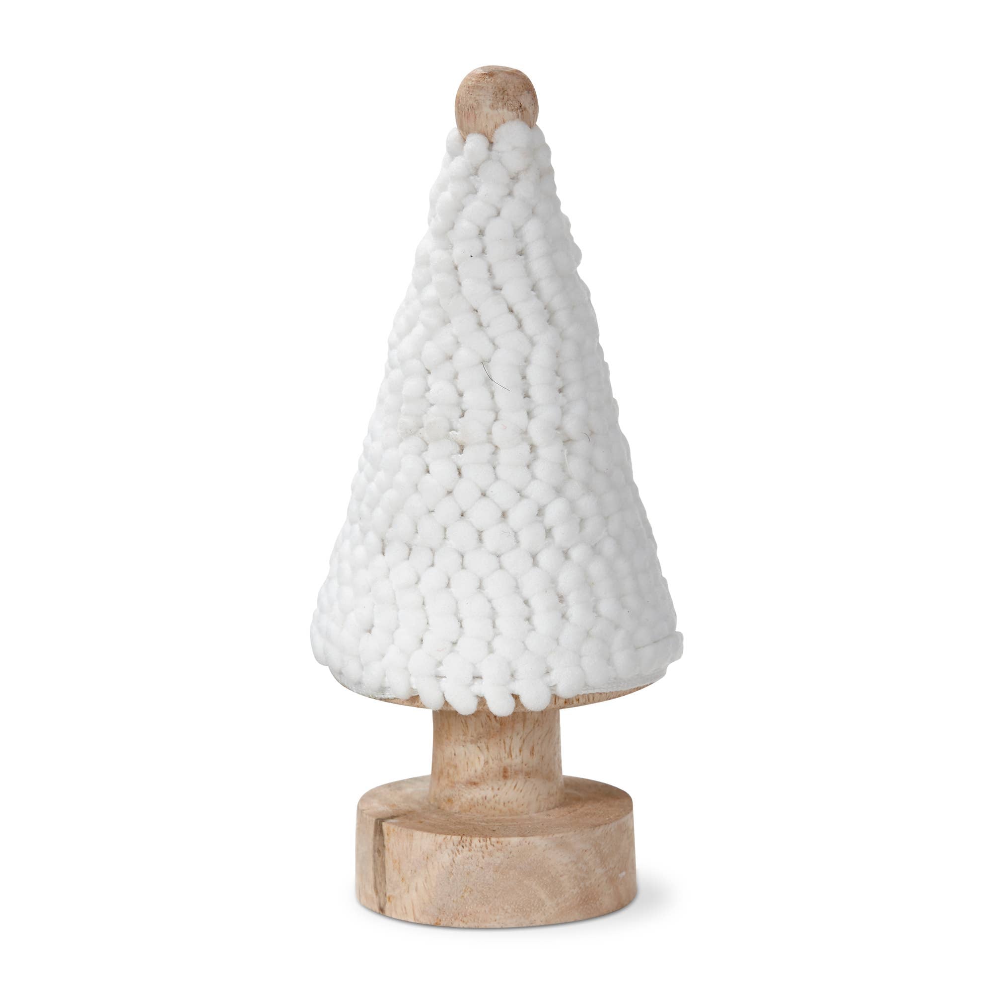Holiday White Pom Pom Ribbon - 5 Yards on Rustic Wood Tree Spool