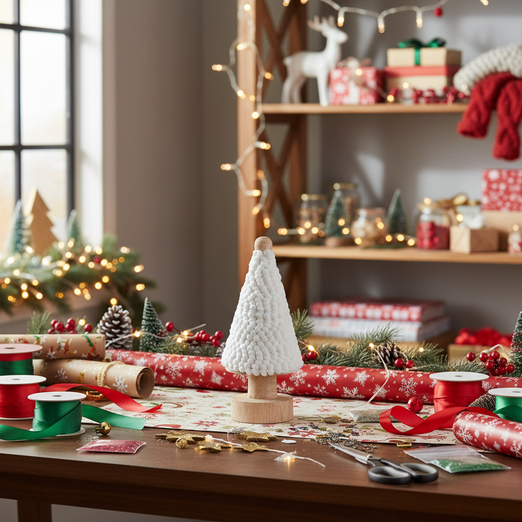 Holiday White Pom Pom Ribbon - 5 Yards on Rustic Wood Tree Spool