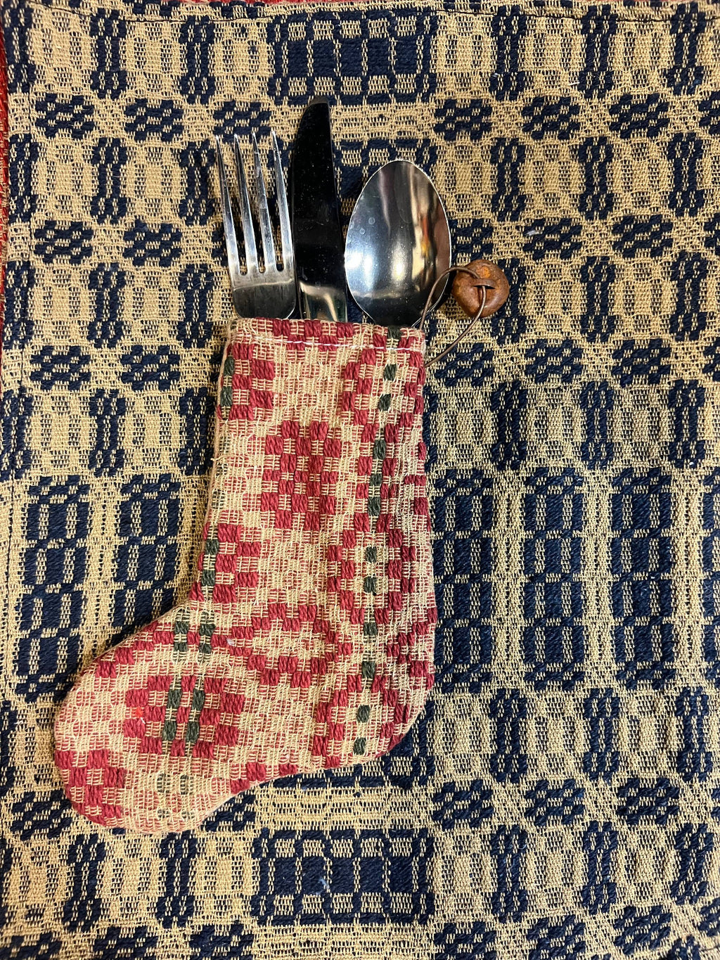 Handmade Coverlet Christmas Stocking — Small 6½" x 5" with Flannel Backing & Rusty Bell