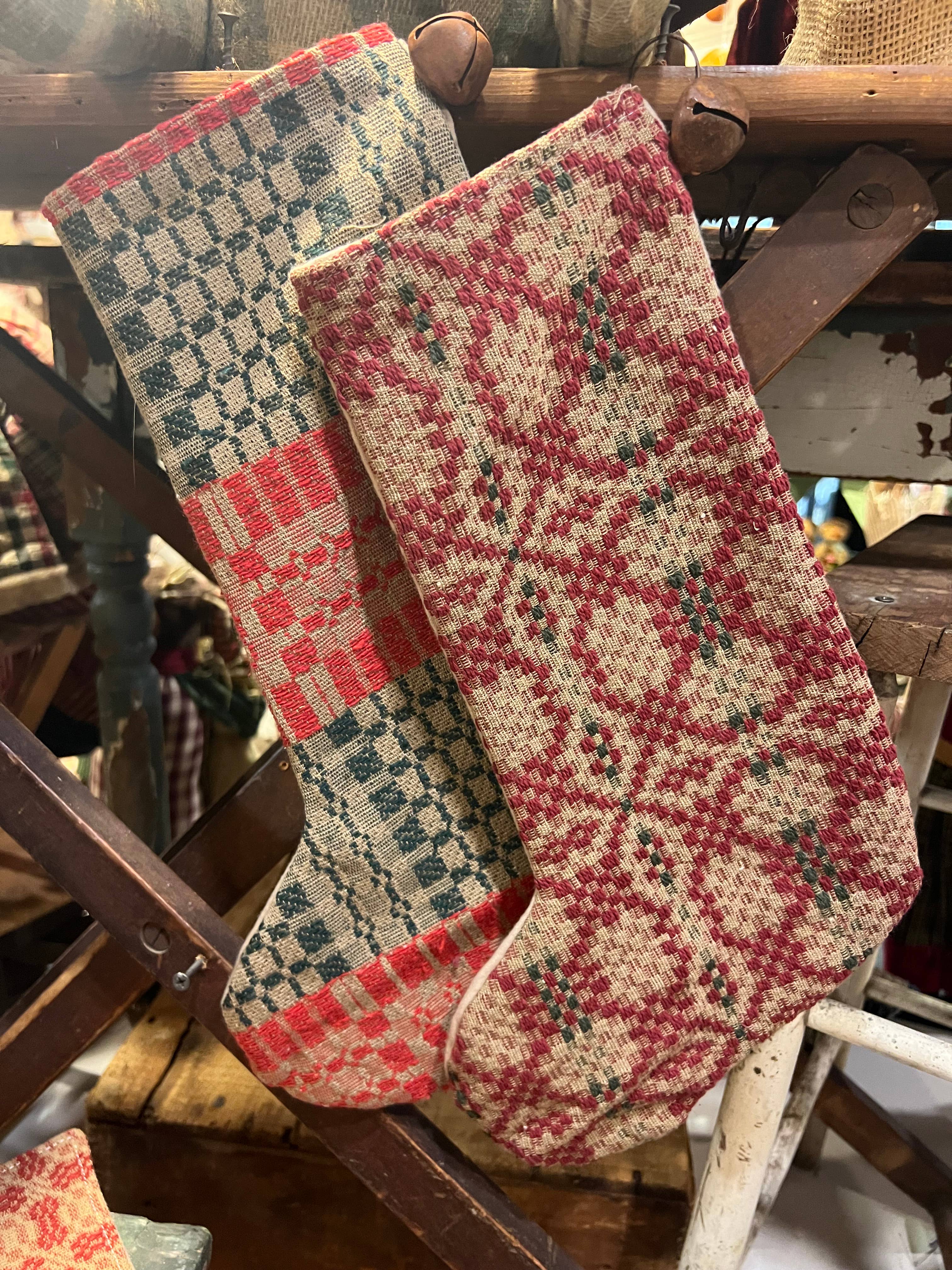 Handmade Coverlet Christmas Stocking — Large 15" x 9" with Flannel Backing & Rusty Bell