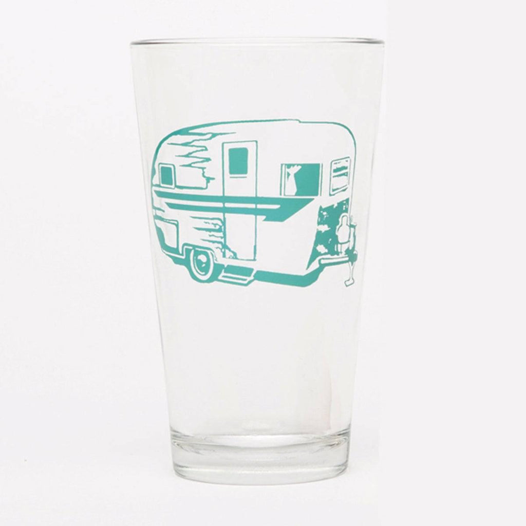 Retro Camper Trailer Pint Glass — 16 oz Screen-Printed Beer Glass | Teal Ink