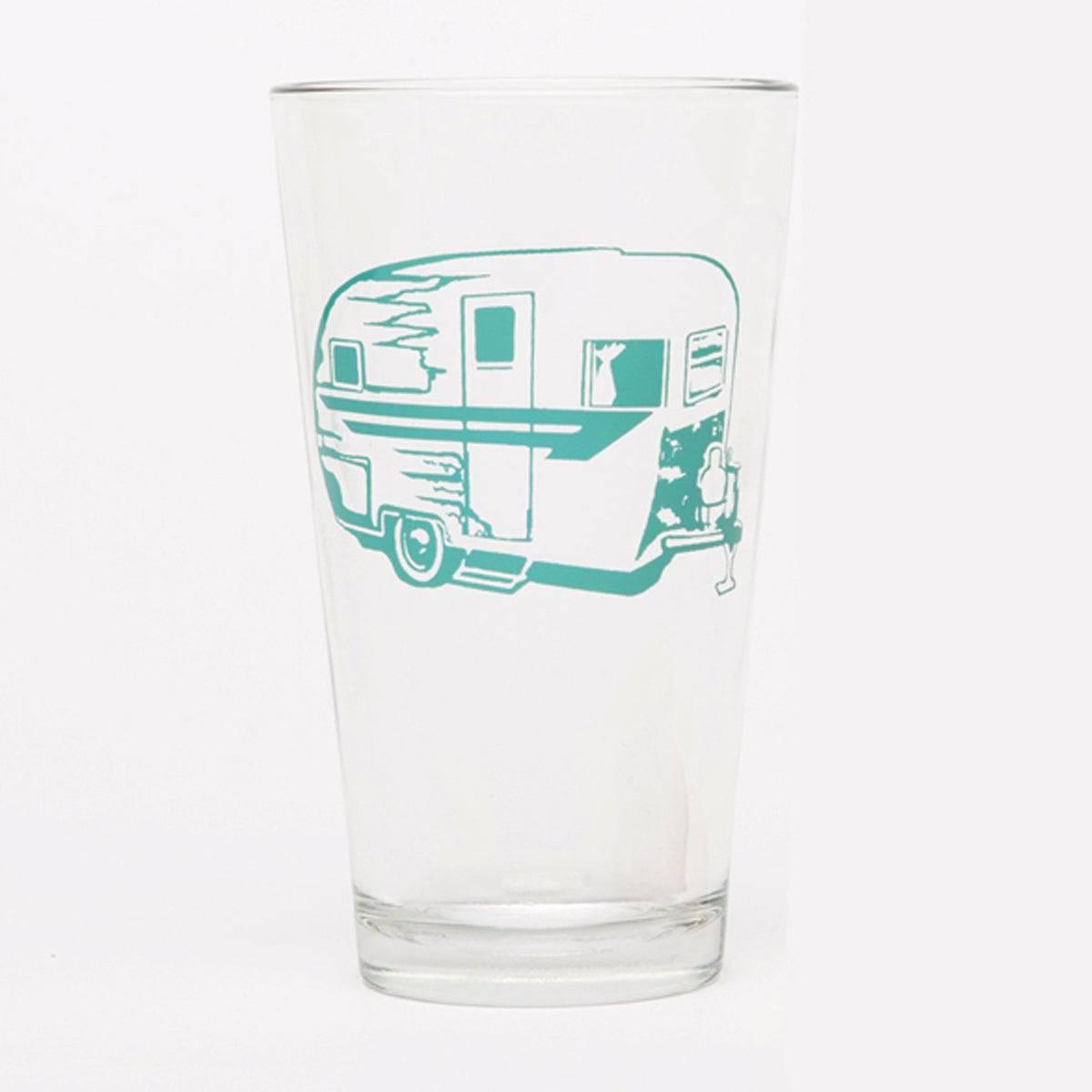 Retro Camper Trailer Pint Glass — 16 oz Screen-Printed Beer Glass | Teal Ink