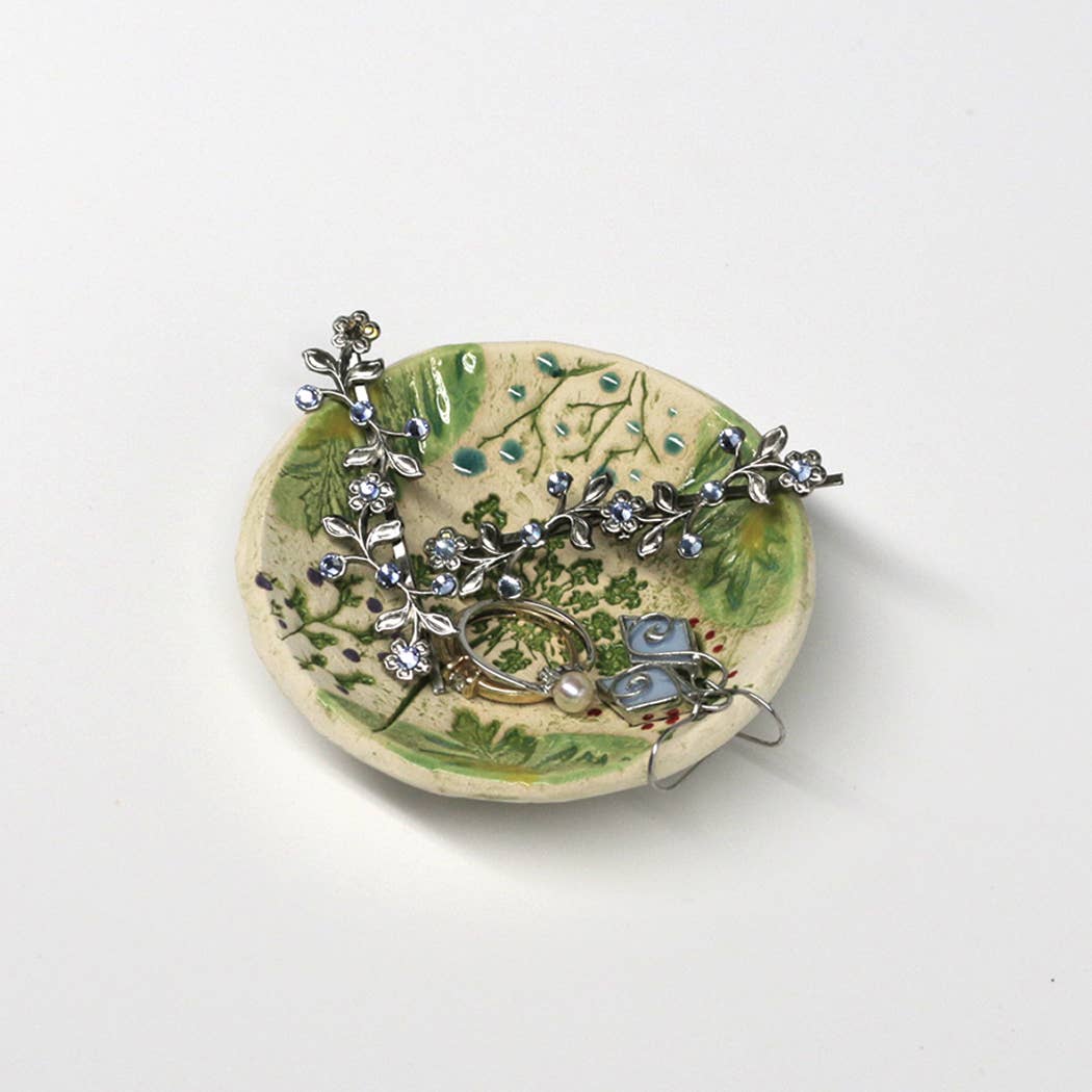 Pottery Dish Bowl - Pressed Flowers Hand Crafted Art Pottery