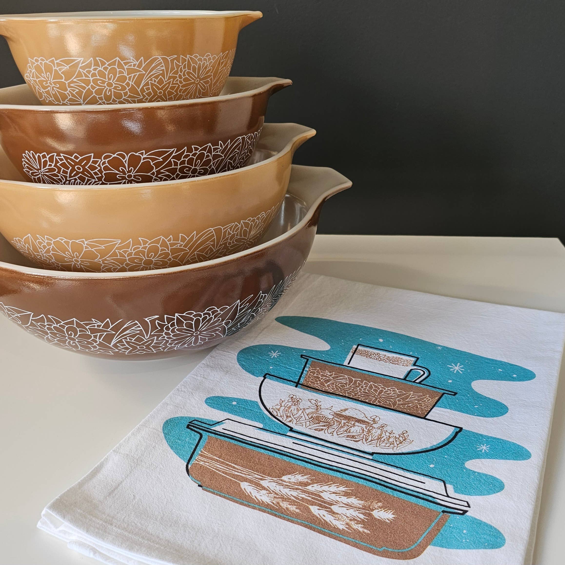 Pyrex Forest Fancies Tea Towel — Vintage Bowl Stack Print
