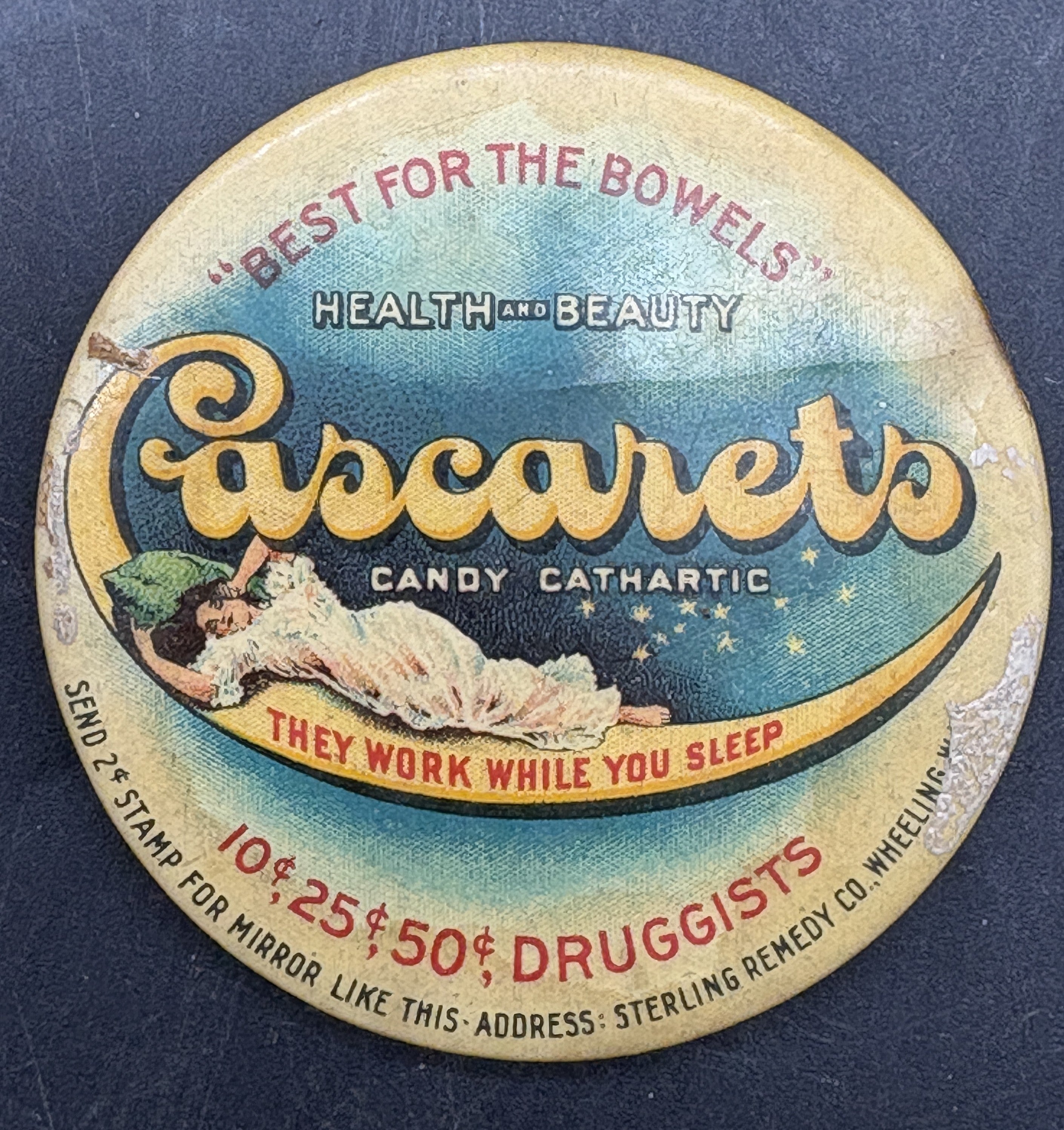 Antique Cascarets Pocket Mirror Advertising Candy Cathartic Wheeling WV Quack Medicine