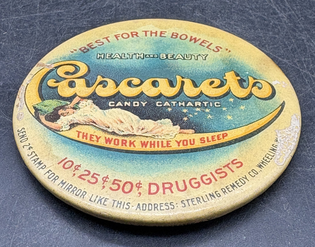 Antique Cascarets Pocket Mirror Advertising Candy Cathartic Wheeling WV Quack Medicine