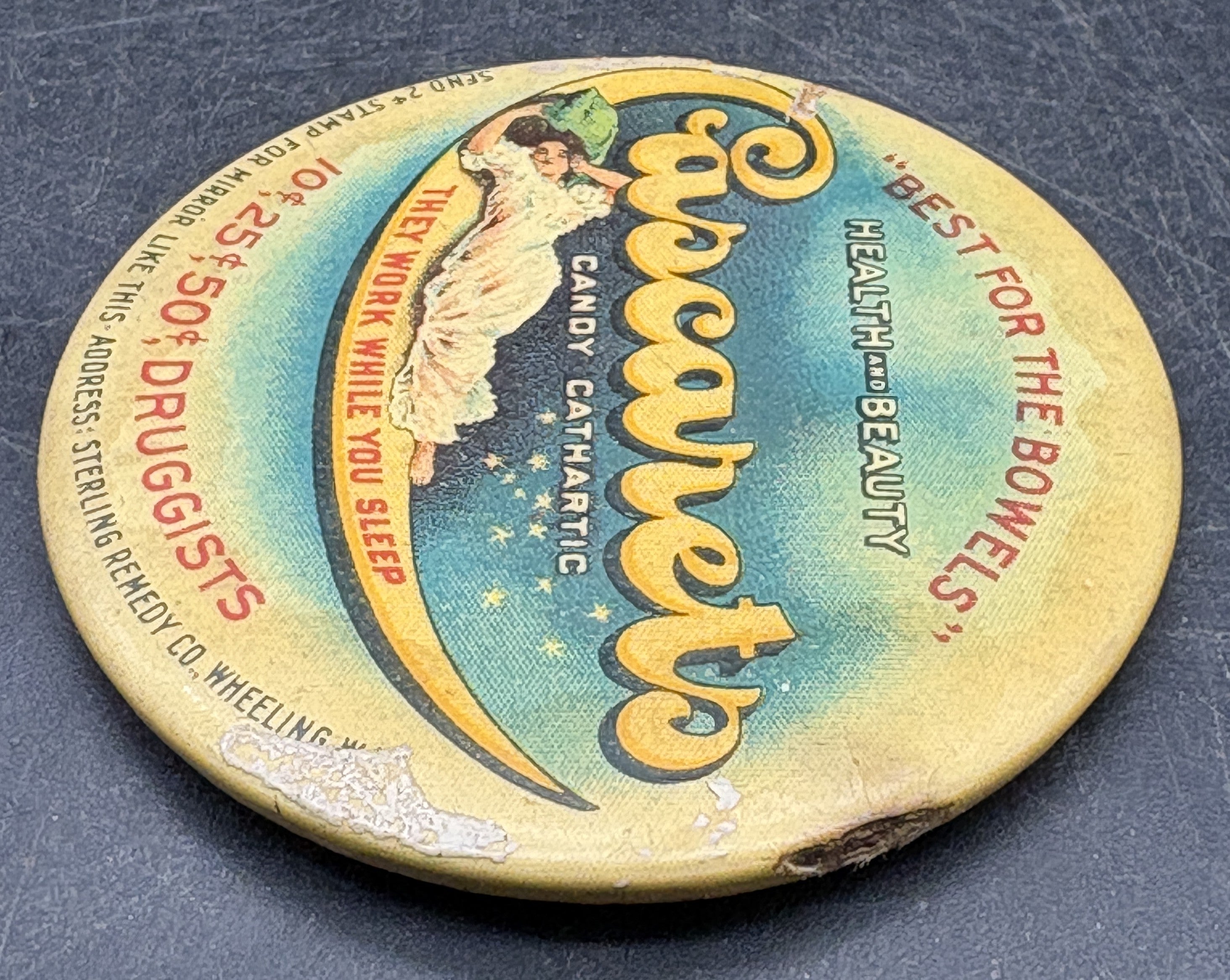 Antique Cascarets Pocket Mirror Advertising Candy Cathartic Wheeling WV Quack Medicine