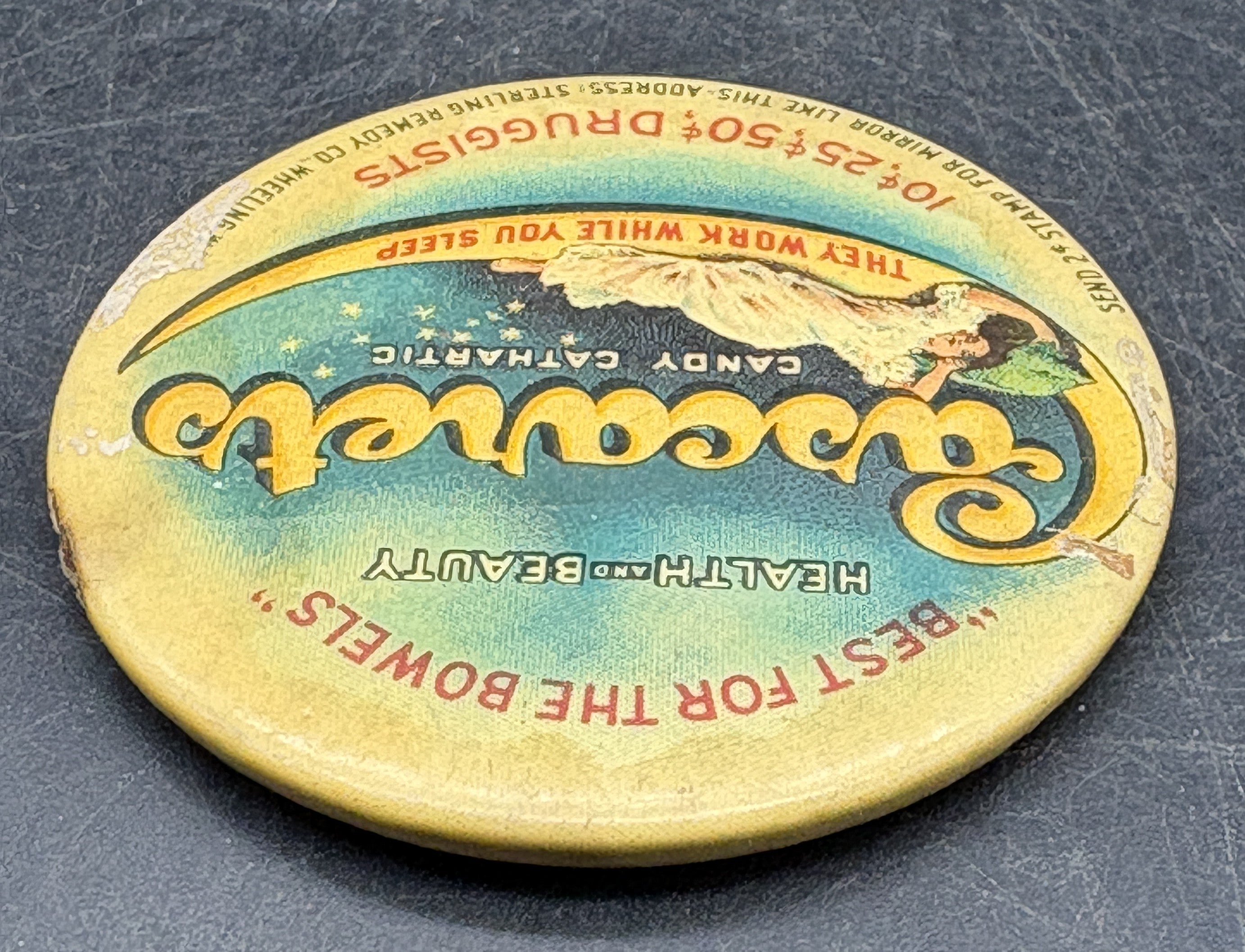Antique Cascarets Pocket Mirror Advertising Candy Cathartic Wheeling WV Quack Medicine