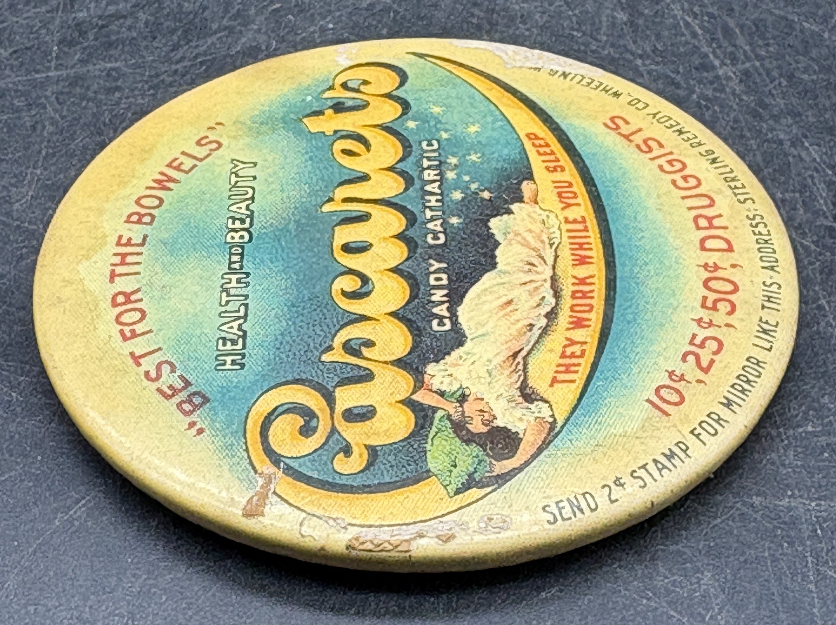 Antique Cascarets Pocket Mirror Advertising Candy Cathartic Wheeling WV Quack Medicine