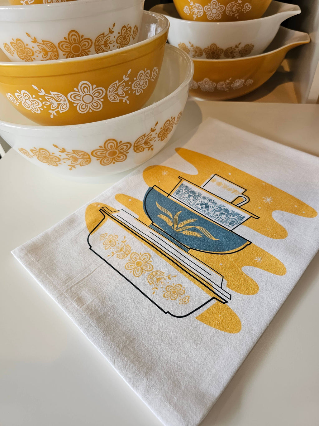 Pyrex Butterfly Gold Tea Towel — Vintage Bowl Stack Print