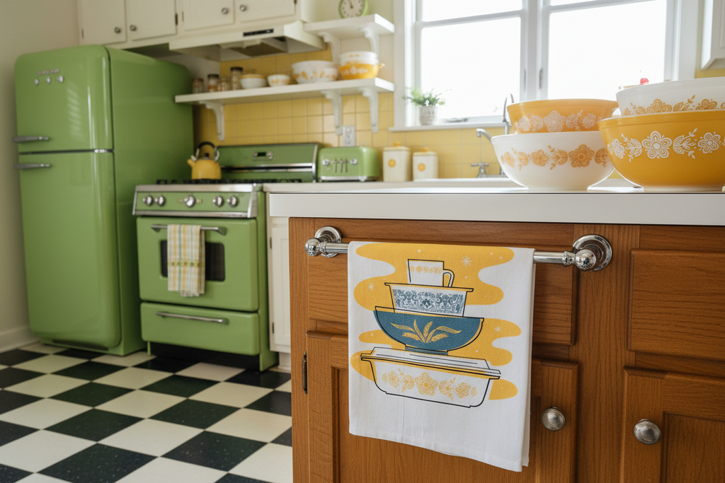 Pyrex Butterfly Gold Tea Towel — Vintage Bowl Stack Print