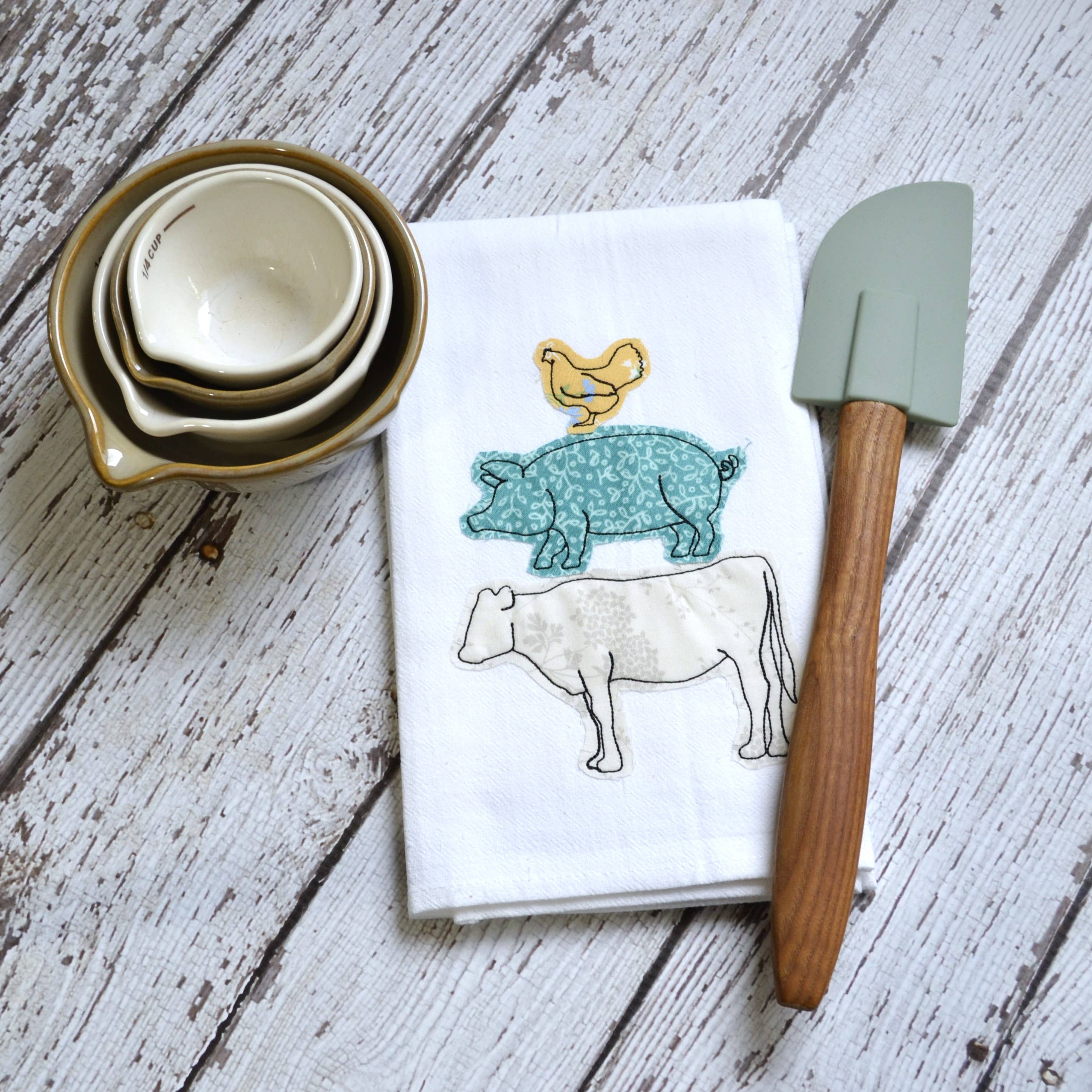 Embroidered Farm Animal Flour Sack Tea Towel | Misc Fabric Colors | Farmhouse Kitchen Decor