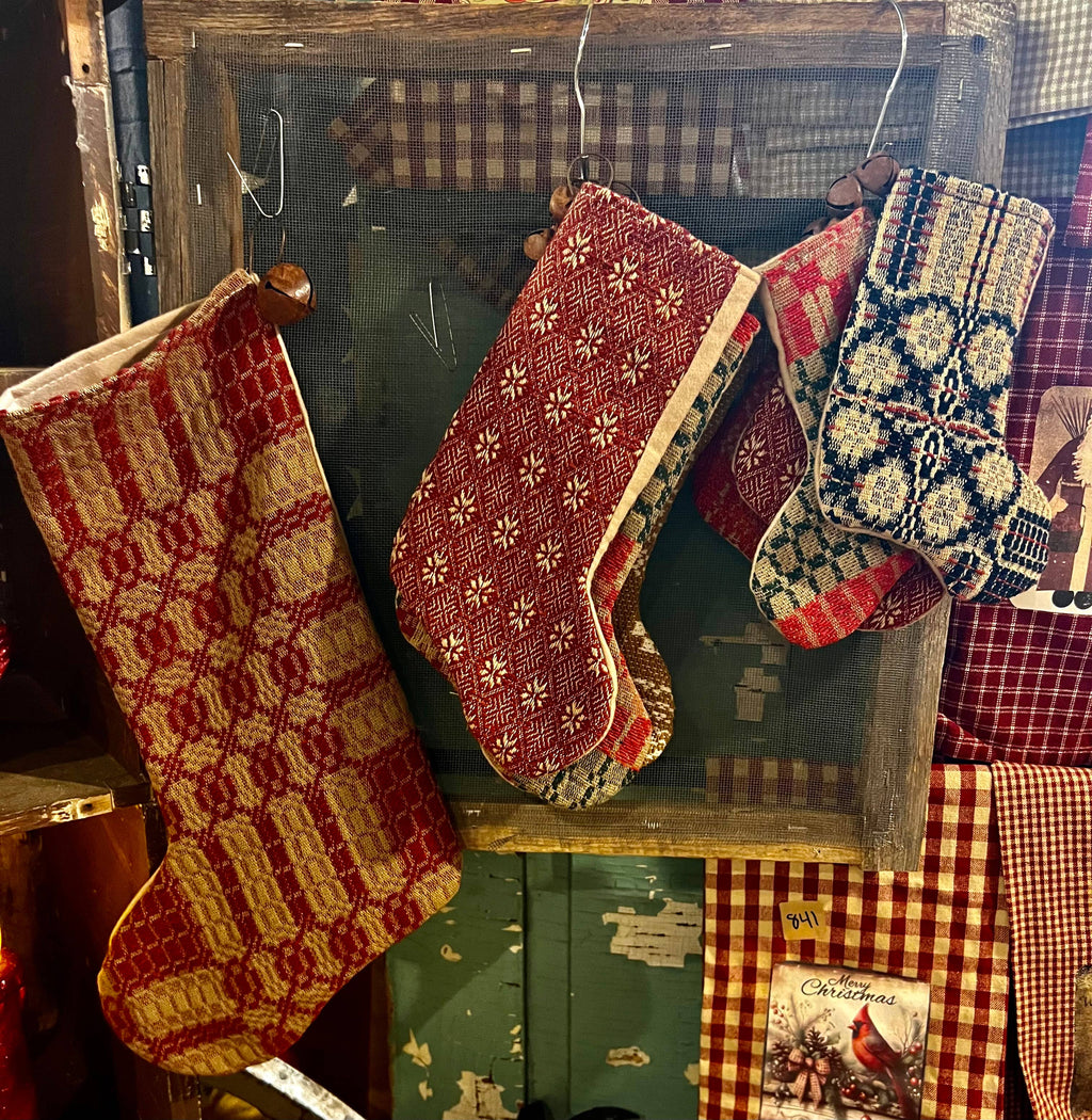 Handmade Coverlet Christmas Stocking — Small 6½" x 5" with Flannel Backing & Rusty Bell