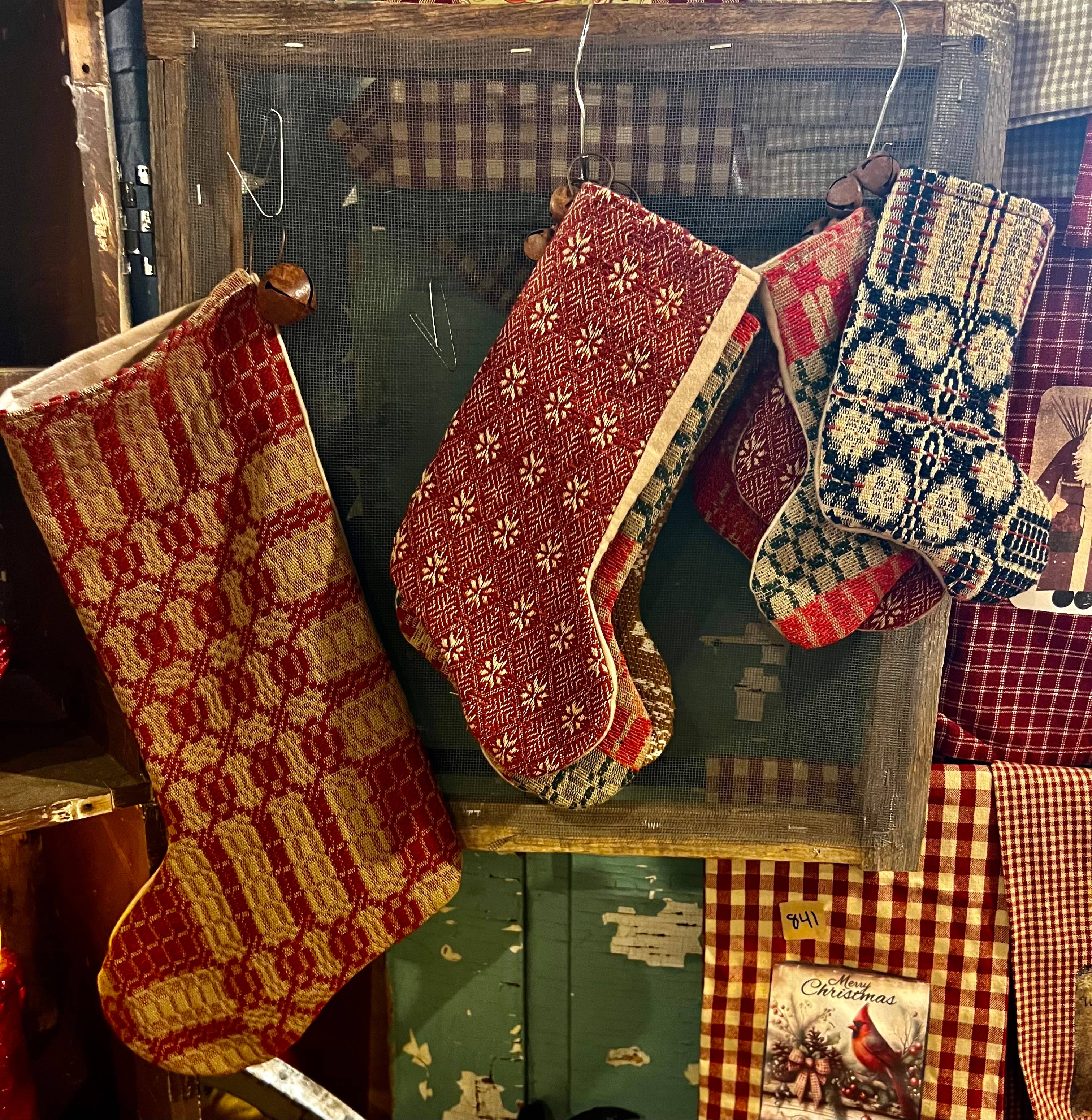 Handmade Coverlet Christmas Stocking — Small 6½" x 5" with Flannel Backing & Rusty Bell