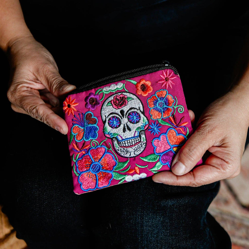 Sugar Skull Embroidered Coin Bag – Artisan Handmade Zip Pouch