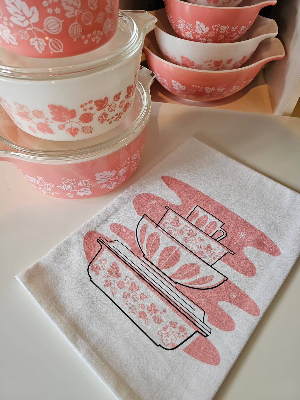 Vintage Pyrex Pink Gooseberry Tea Towel - Premium Cotton Flour Sack Kitchen Towel