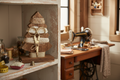 Rustic Champagne Ribbon Set - 4 Spools with Scissors on Wood Holder