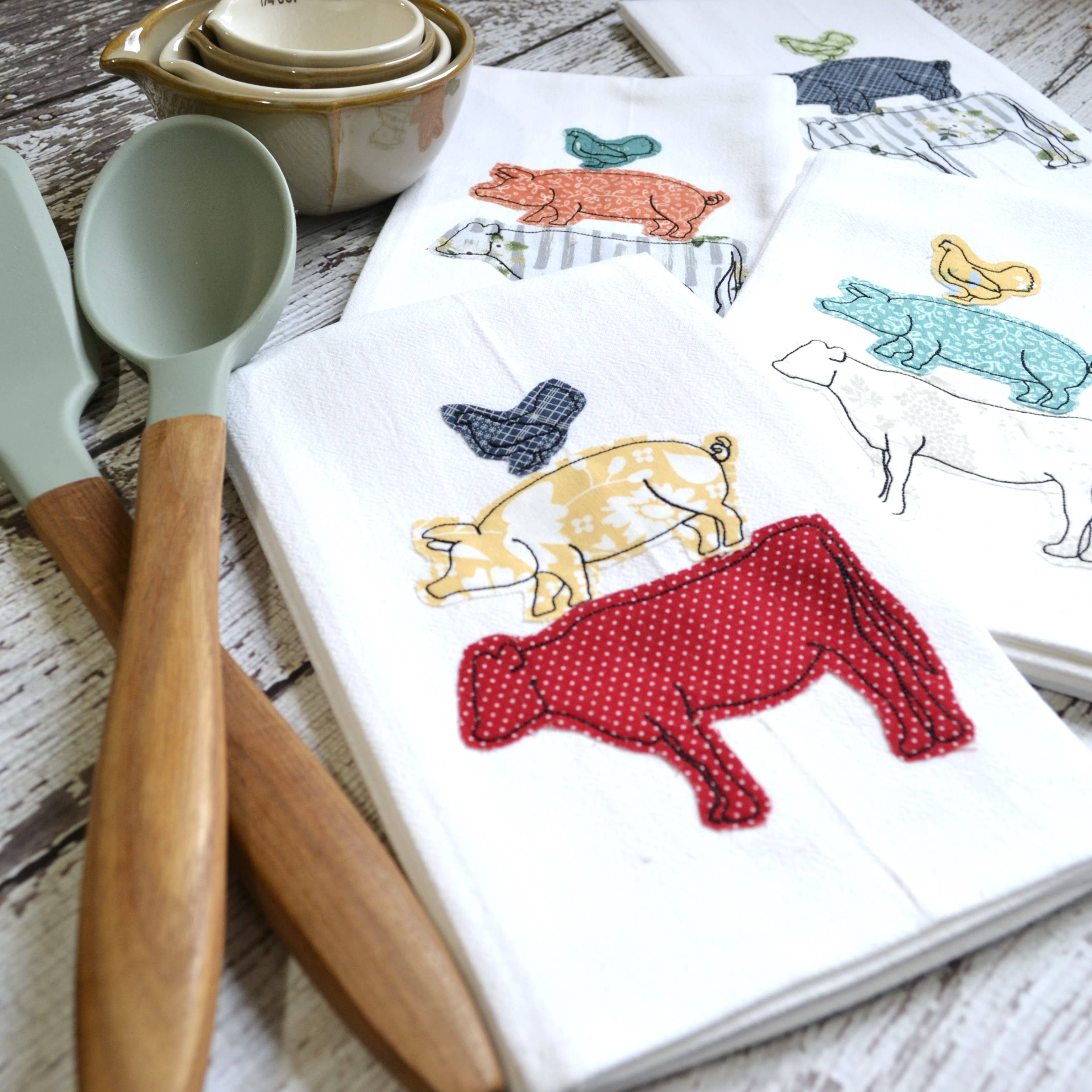 Embroidered Farm Animal Flour Sack Tea Towel | Misc Fabric Colors | Farmhouse Kitchen Decor