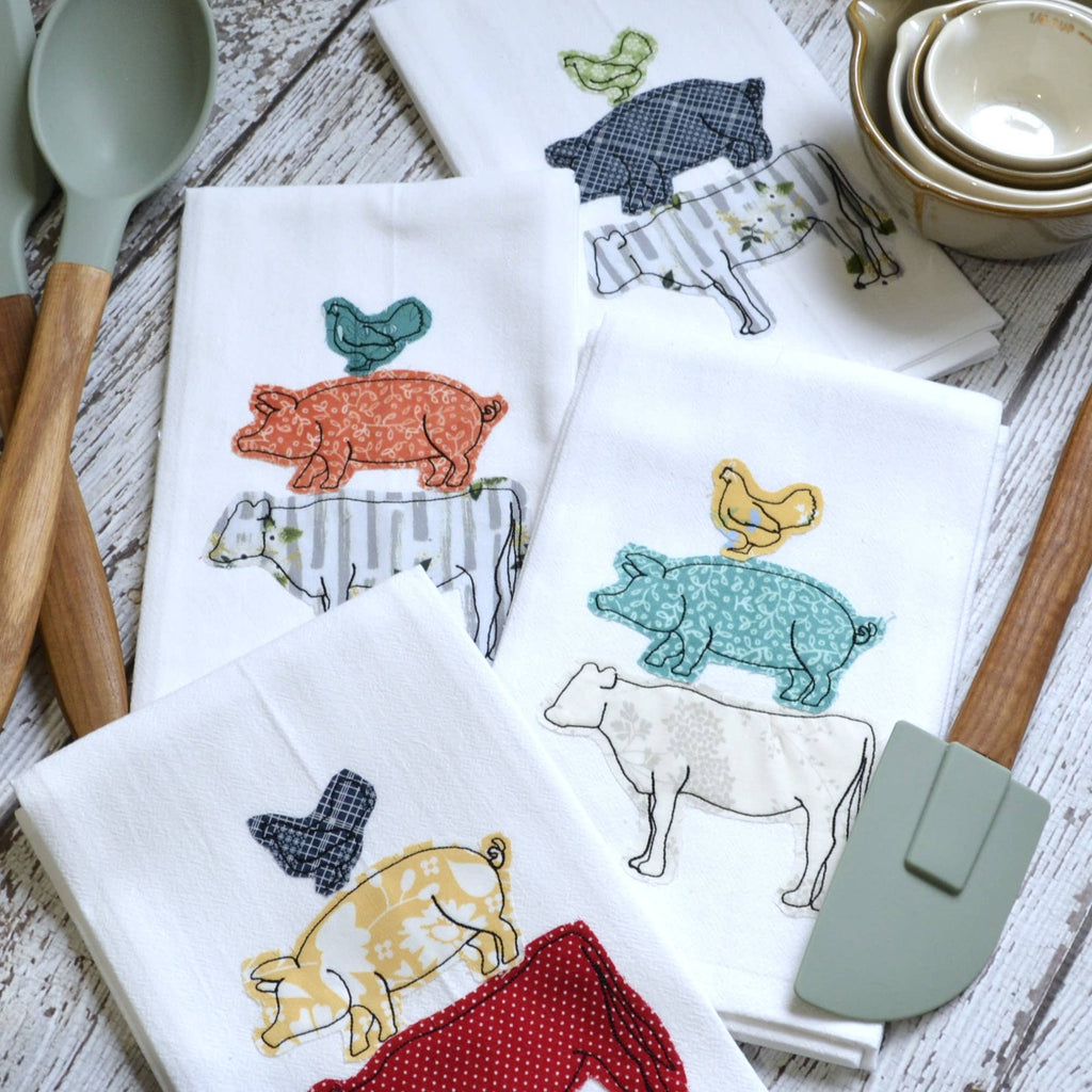 Embroidered Farm Animal Flour Sack Tea Towel | Misc Fabric Colors | Farmhouse Kitchen Decor