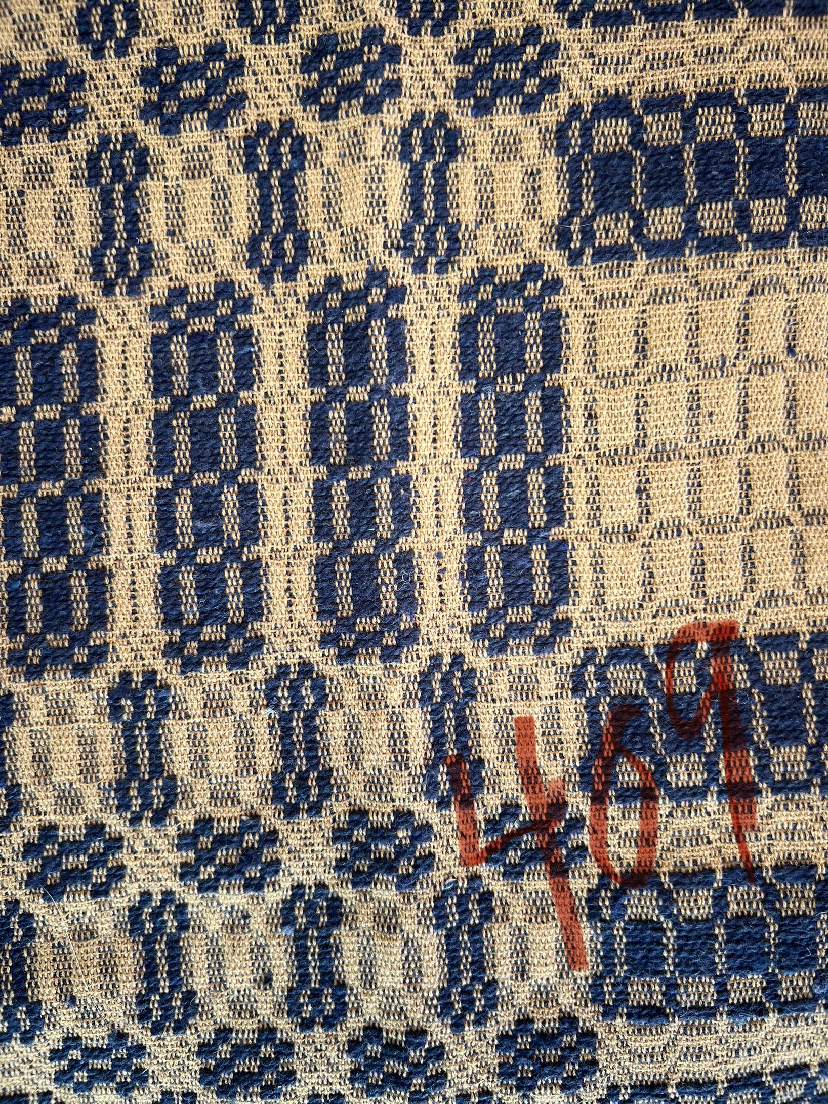 Handmade Coverlet Christmas Stocking — Medium 10" x 5" with Flannel Backing & Rusty Bell