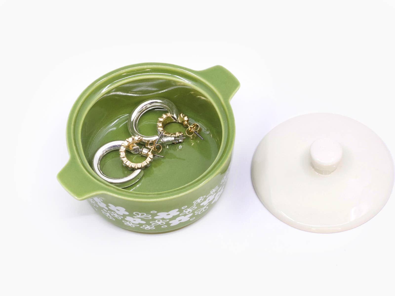 Vintage Pyrex-Inspired Ceramic Trinket Box | Spring Blossom Green Casserole Style