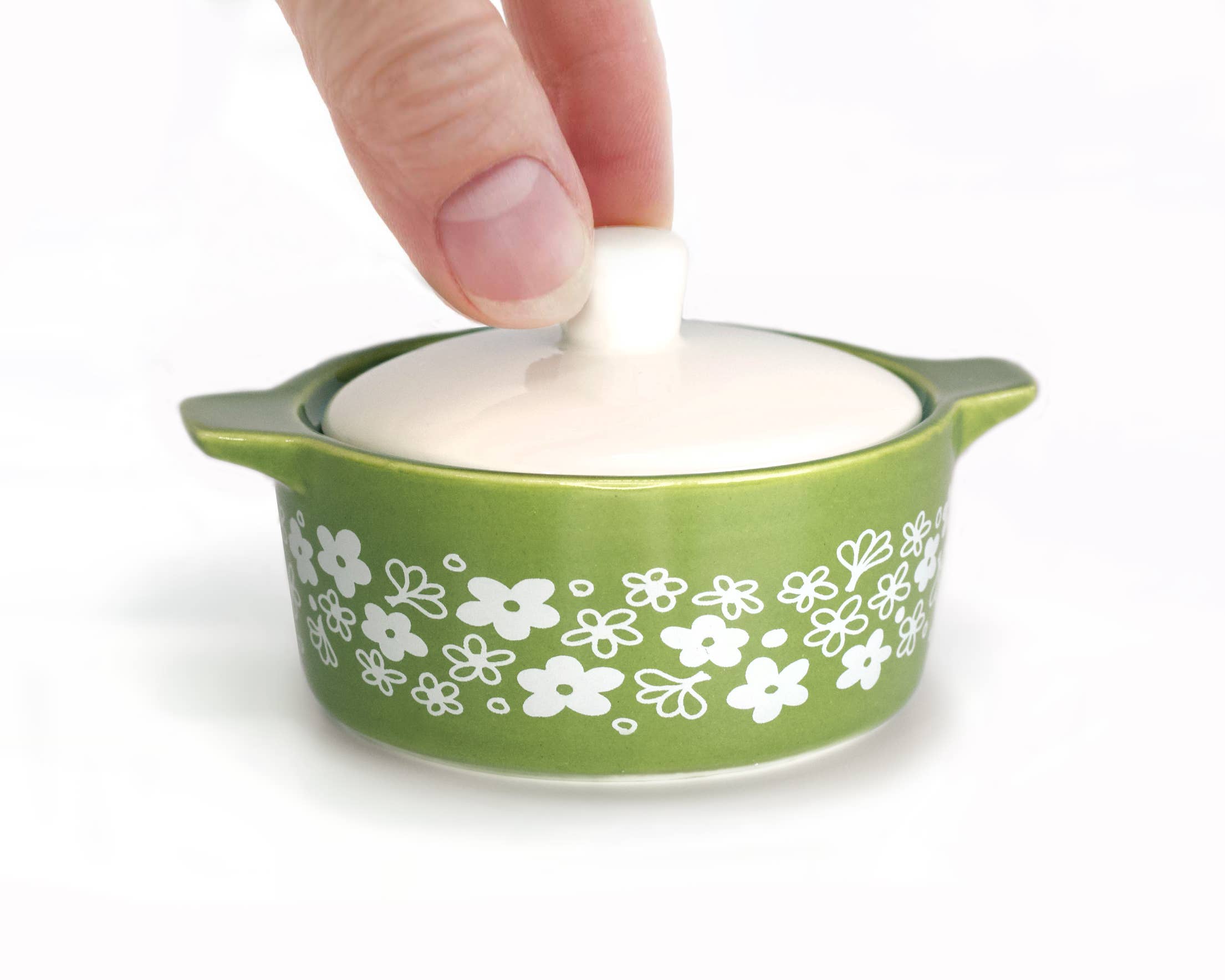 Vintage Pyrex-Inspired Ceramic Trinket Box | Spring Blossom Green Casserole Style