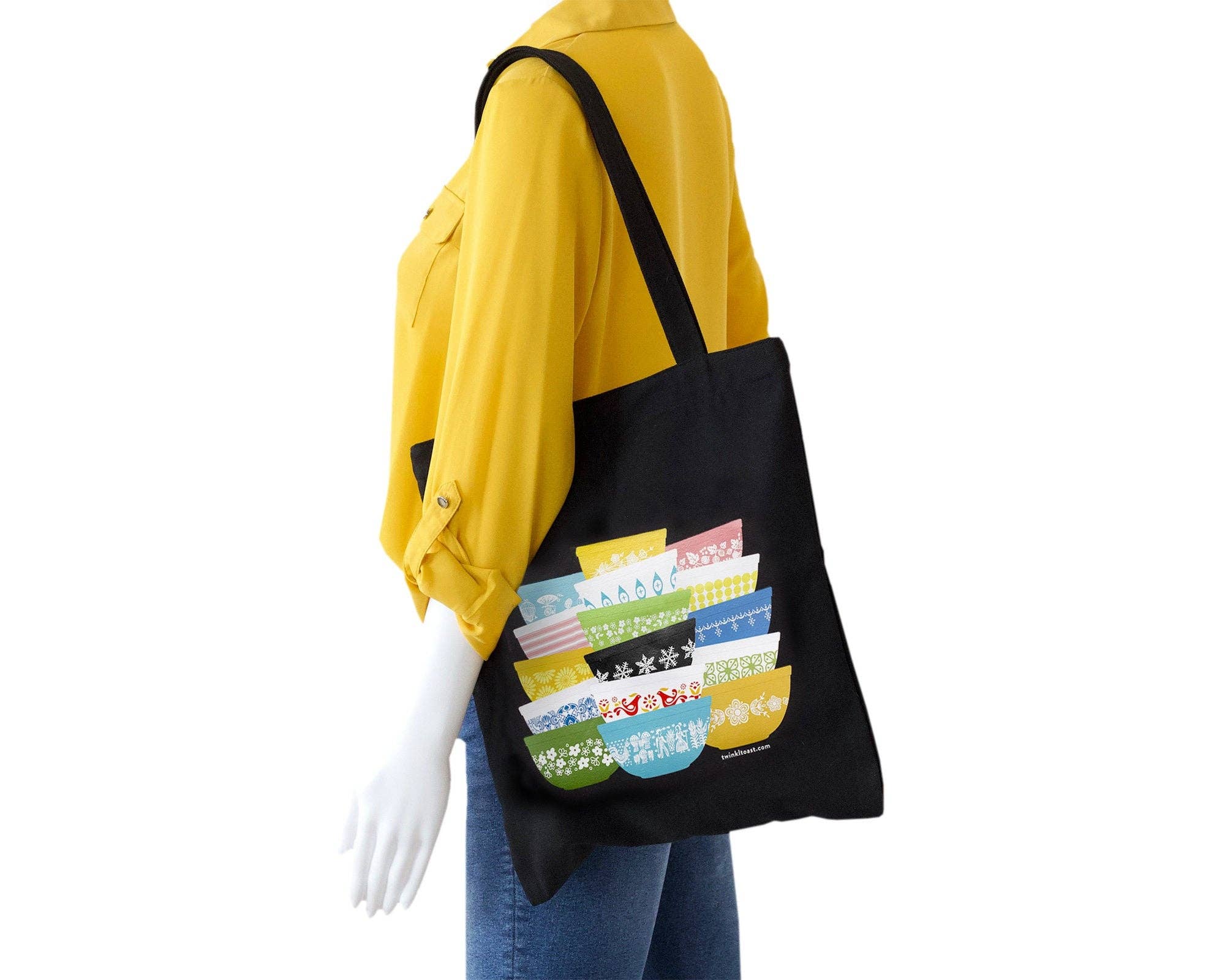 Vintage Pyrex-Inspired Zipper Tote Bag | Retro Mixing Bowl Print | Cotton Pocket Tote