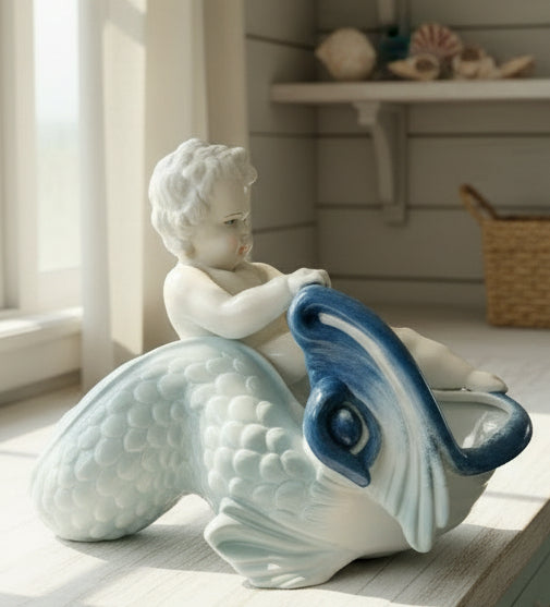 Cherub Koi Fish Sculpture Figure Vessel Bowl