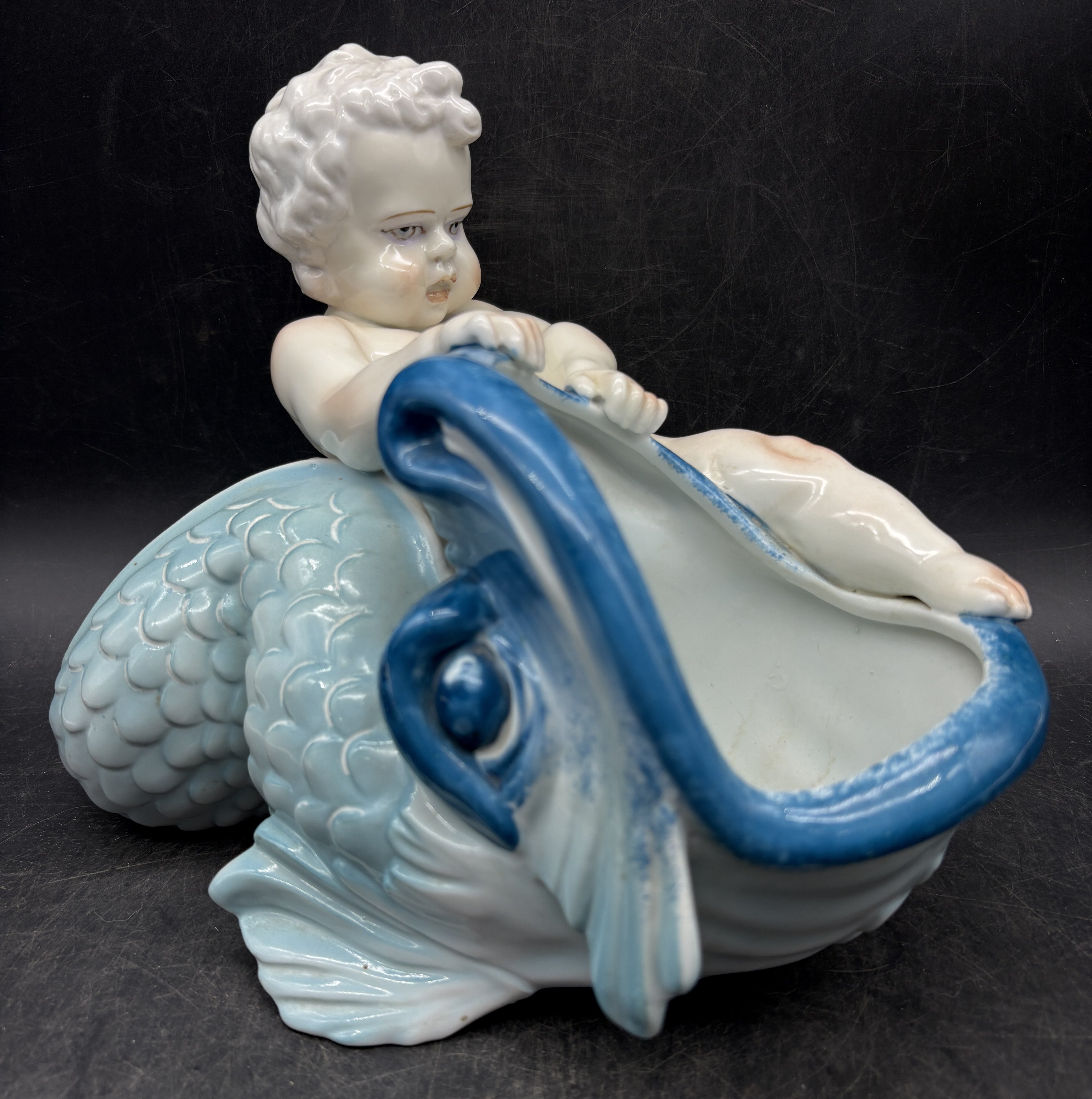 Cherub Koi Fish Sculpture Figure Vessel Bowl