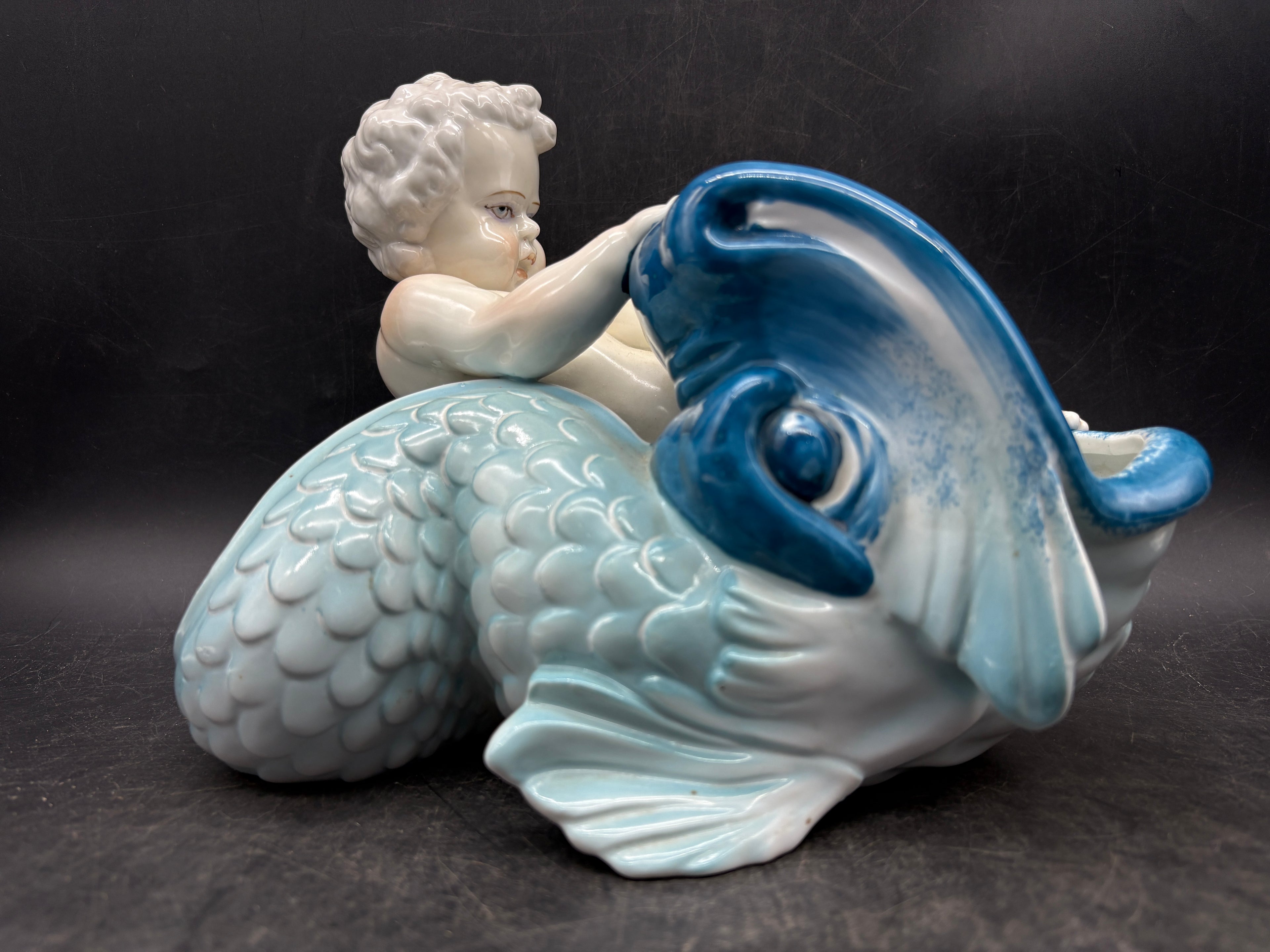 Cherub Koi Fish Sculpture Figure Vessel Bowl