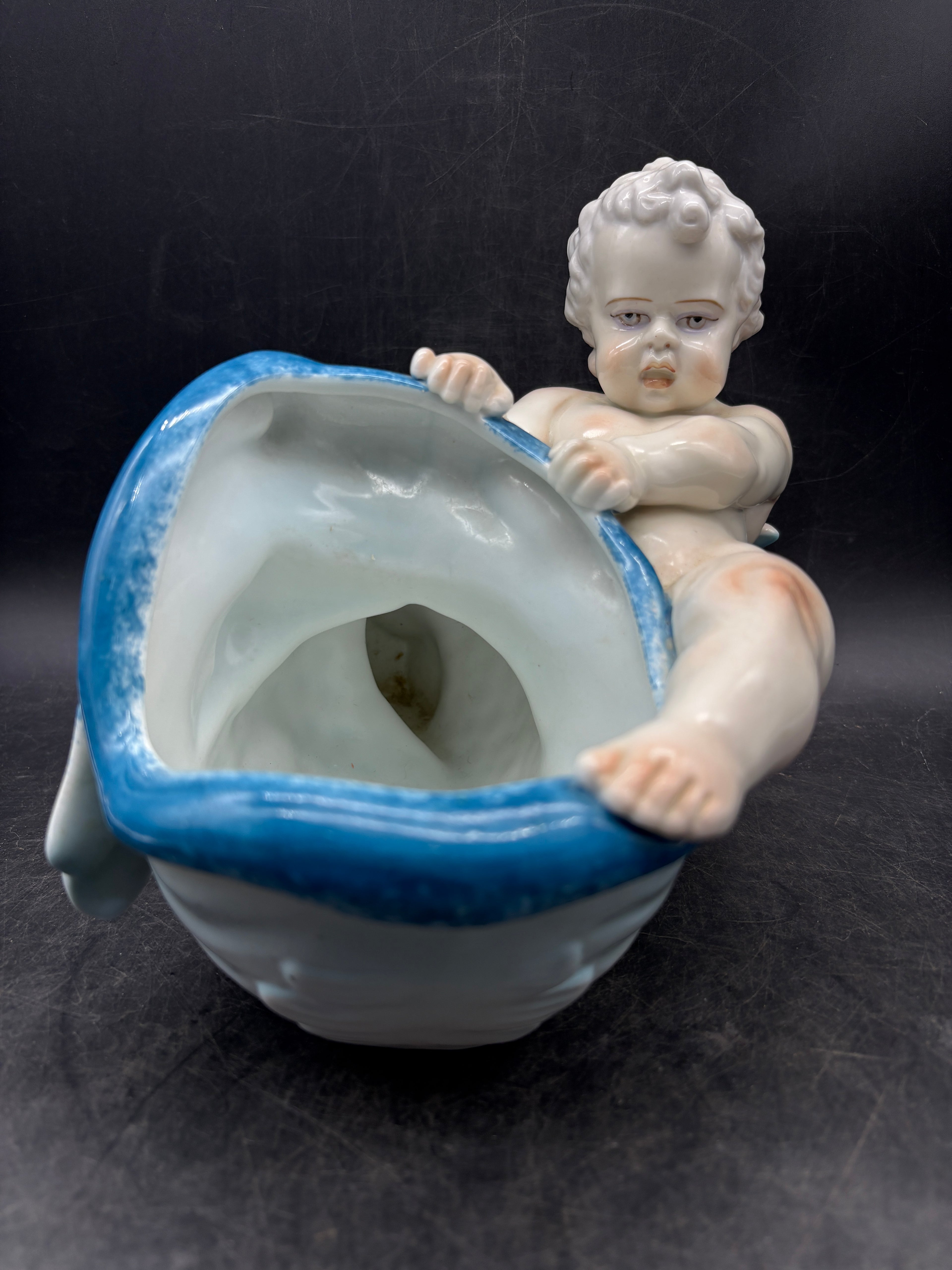 Cherub Koi Fish Sculpture Figure Vessel Bowl