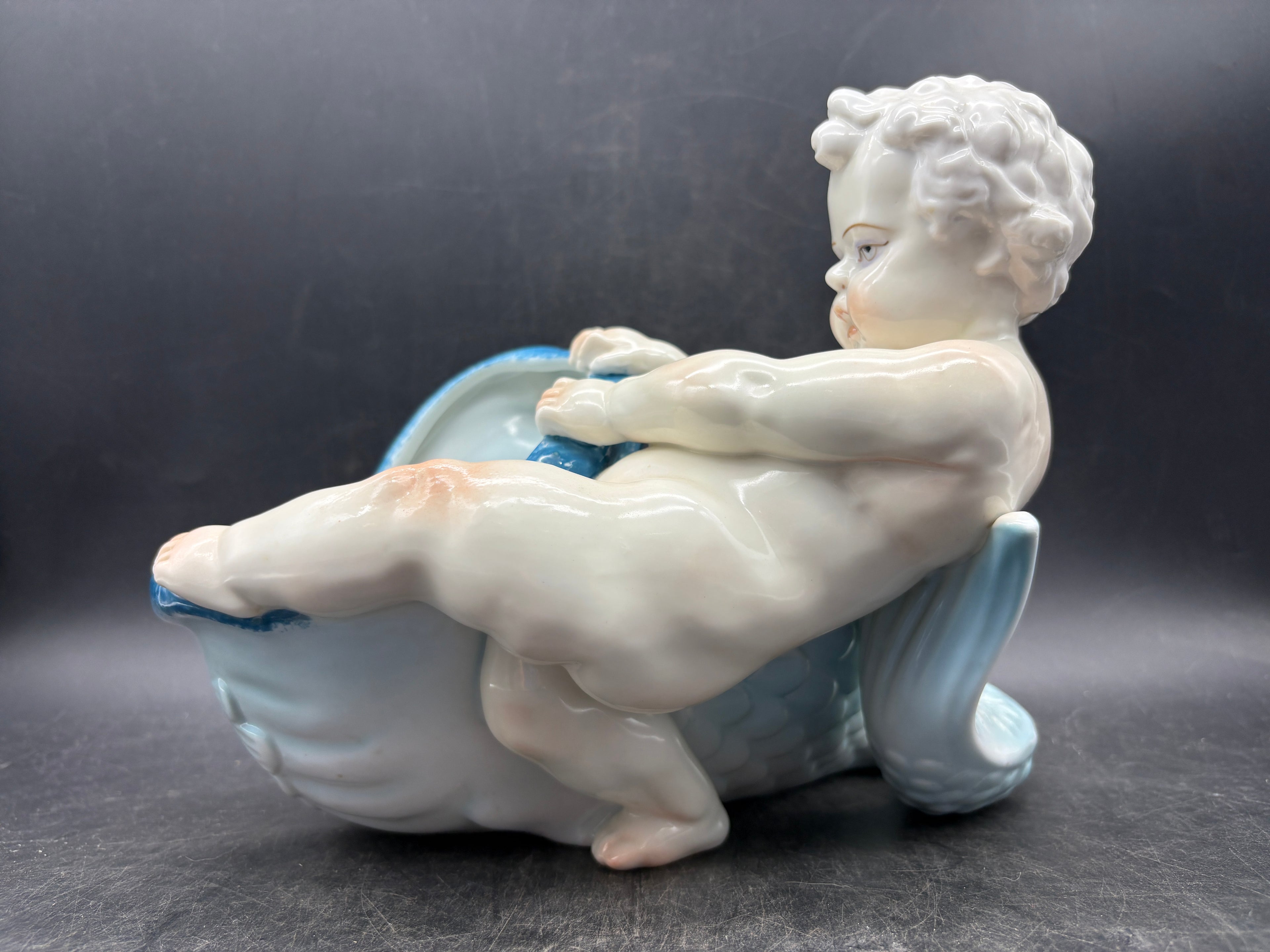 Cherub Koi Fish Sculpture Figure Vessel Bowl