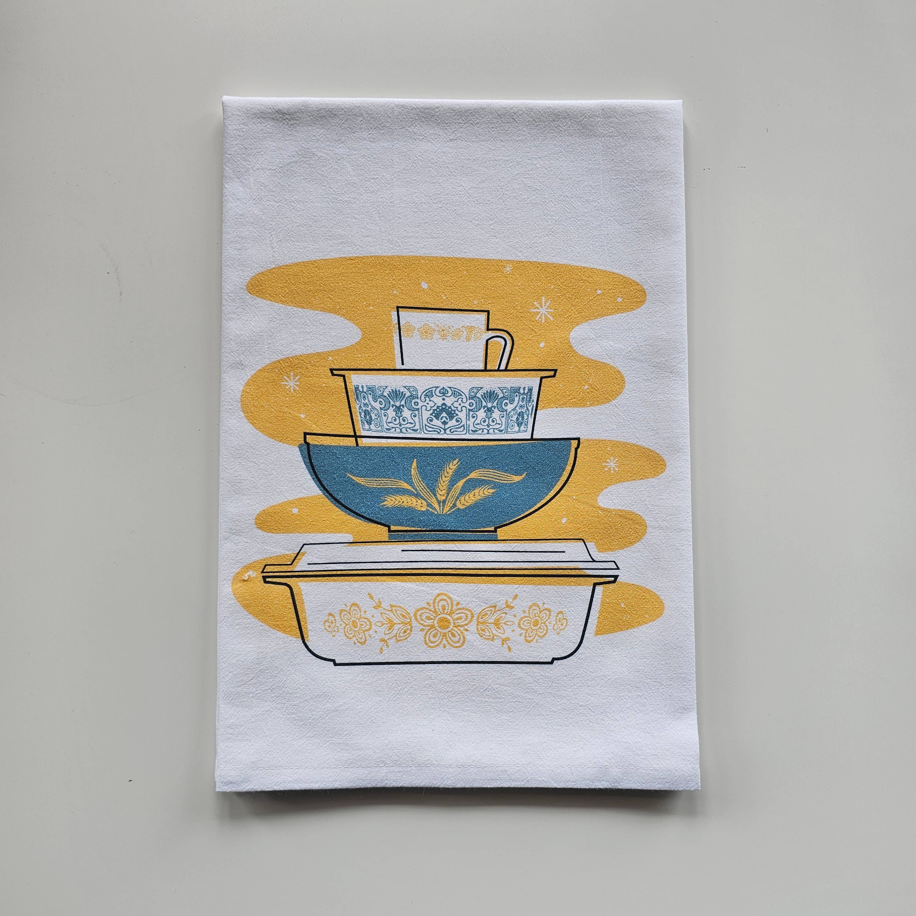 Pyrex Butterfly Gold Tea Towel — Vintage Bowl Stack Print