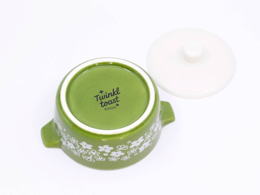 Vintage Pyrex-Inspired Ceramic Trinket Box | Spring Blossom Green Casserole Style