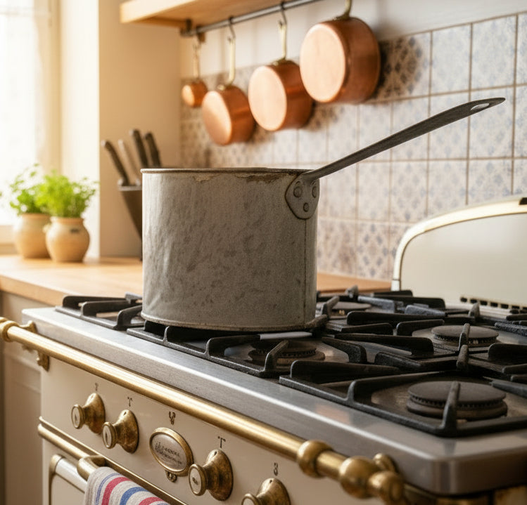 Early 1900's HALF ROUND HALF MOON SHAPED GRAY GRANITEWARE COOKING POT APPROX EARLY 1900'S-1940'S approx. 10.5 x 9 x 7