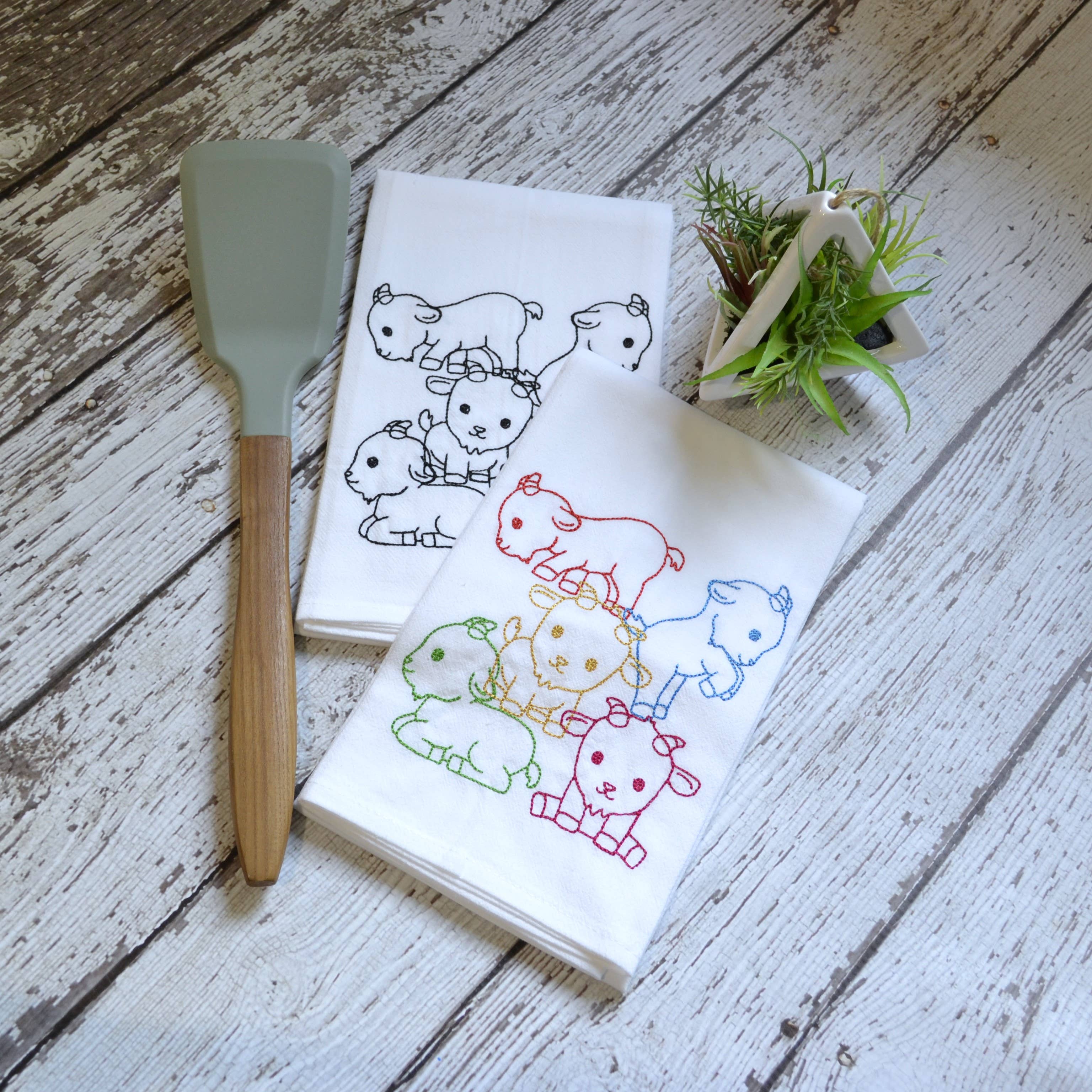 Embroidered Lots of Goats Flour Sack Tea Towel | Multicolor | Farmhouse Kitchen Decor