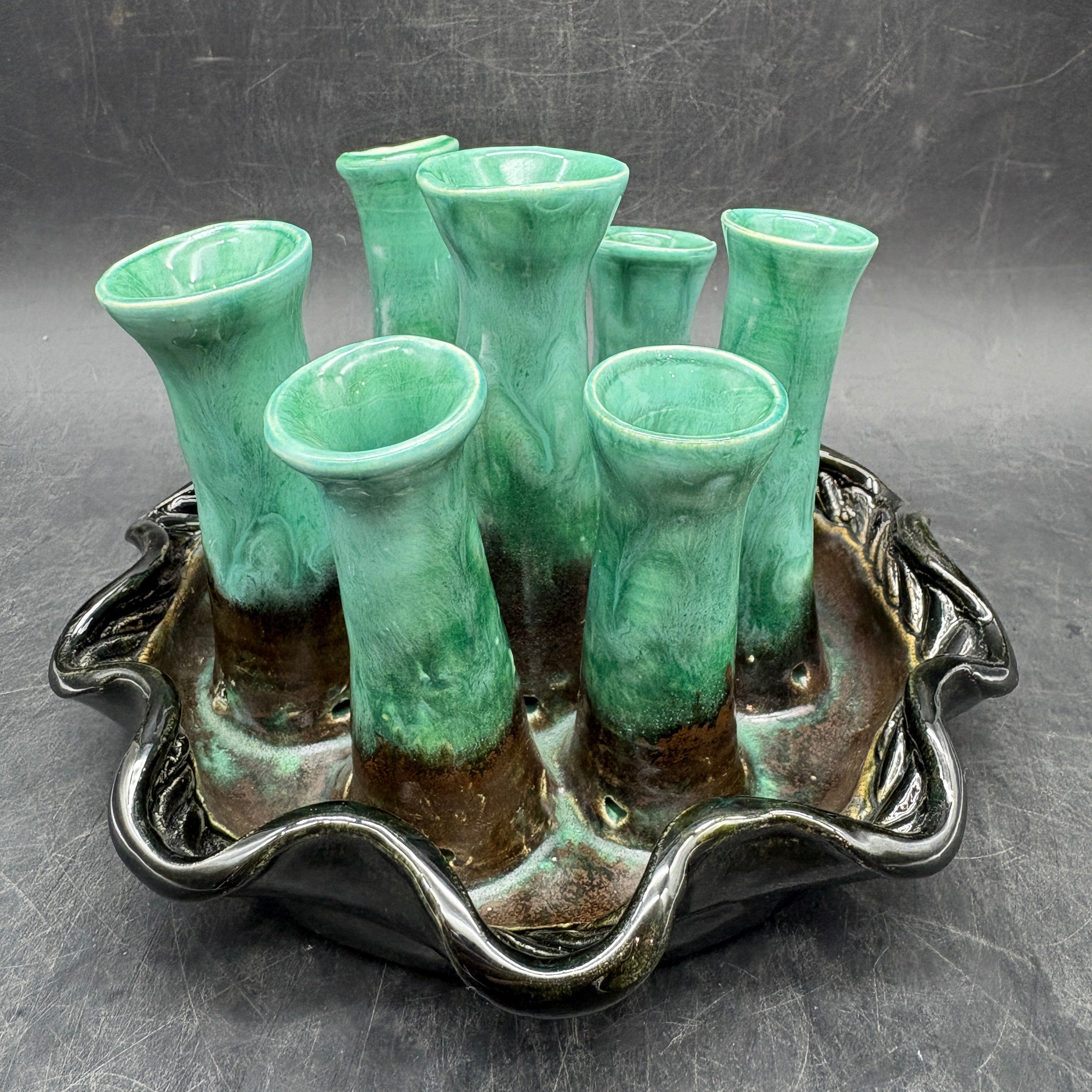 Handmade FOLEY Art Pottery Flower Vase Flower Frog: Green Pen Holder Centerpiece