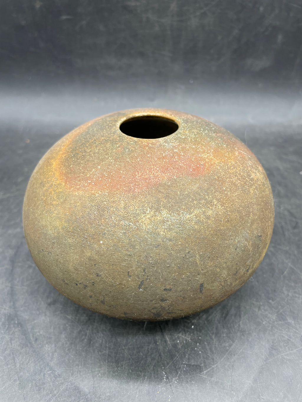 Studio Pottery Bud Vase Round Brown Green Earth Tone Handmade Signed