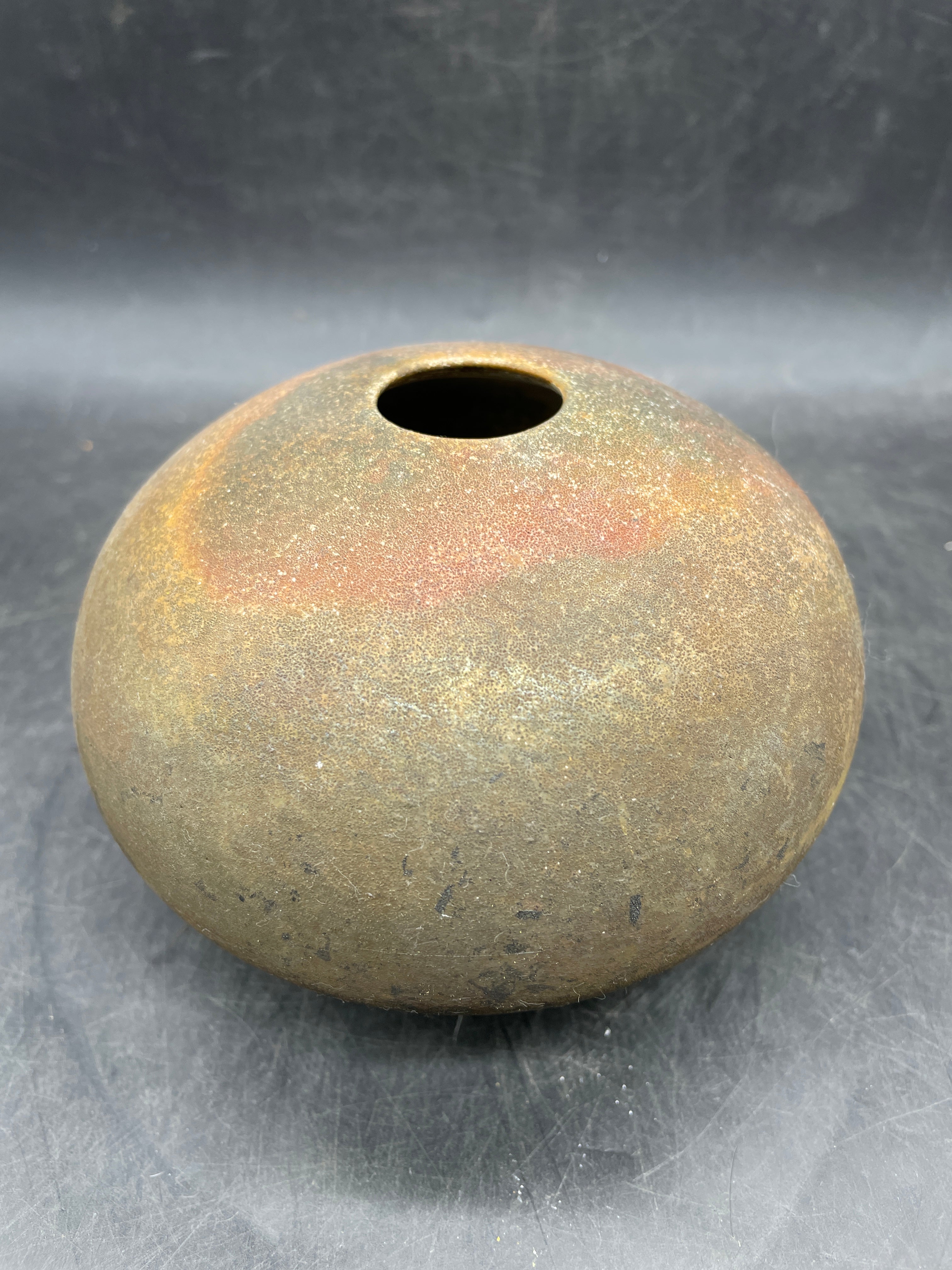 Studio Pottery Bud Vase Round Brown Green Earth Tone Handmade Signed