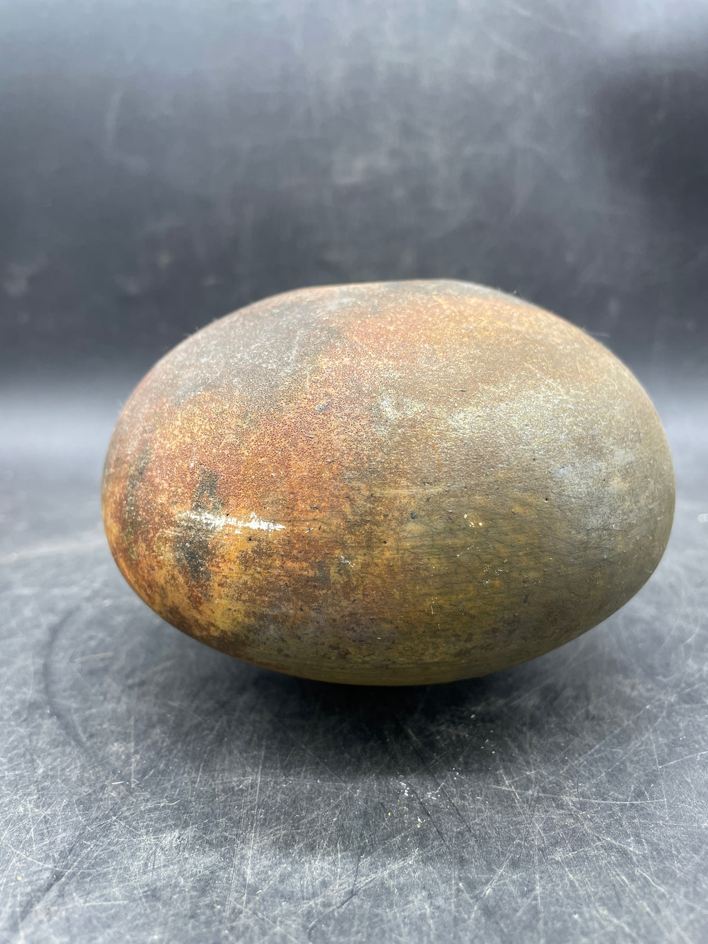 Studio Pottery Bud Vase Round Brown Green Earth Tone Handmade Signed