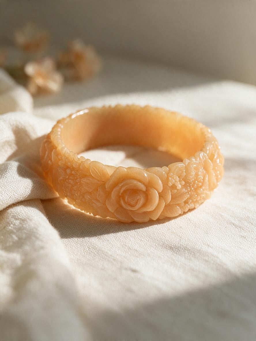 Vintage Peach Celluloid Bangle with Roses & Daisies