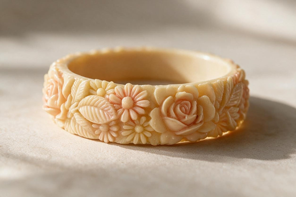 Vintage Cream & Pink Celluloid Bangle with Roses & Daisies