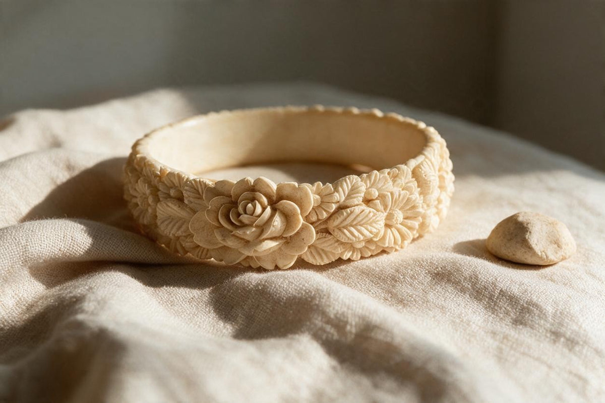 Vintage Cream Celluloid Rose & Leaf Floral Bangle