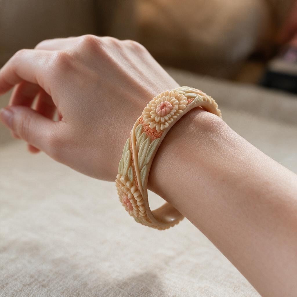 Vintage Cream Celluloid Botanical Bangle with Pink & Green Accents